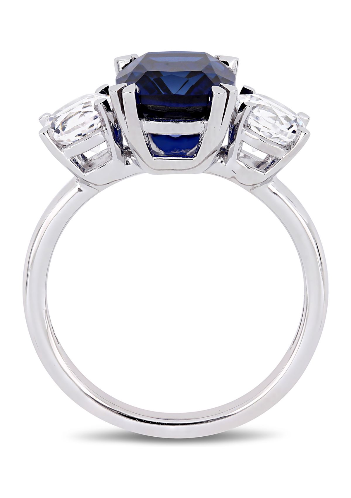 6.1 ct. t.w. Created Blue and White Sapphire Cushion-Cut Three-Stone Ring in 10K White Gold