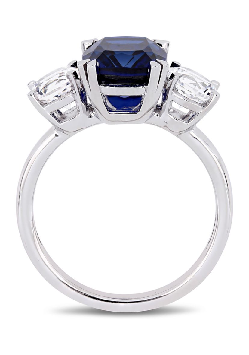 6.1 ct. t.w. Created Blue and White Sapphire Cushion-Cut Three-Stone Ring in 10K White Gold