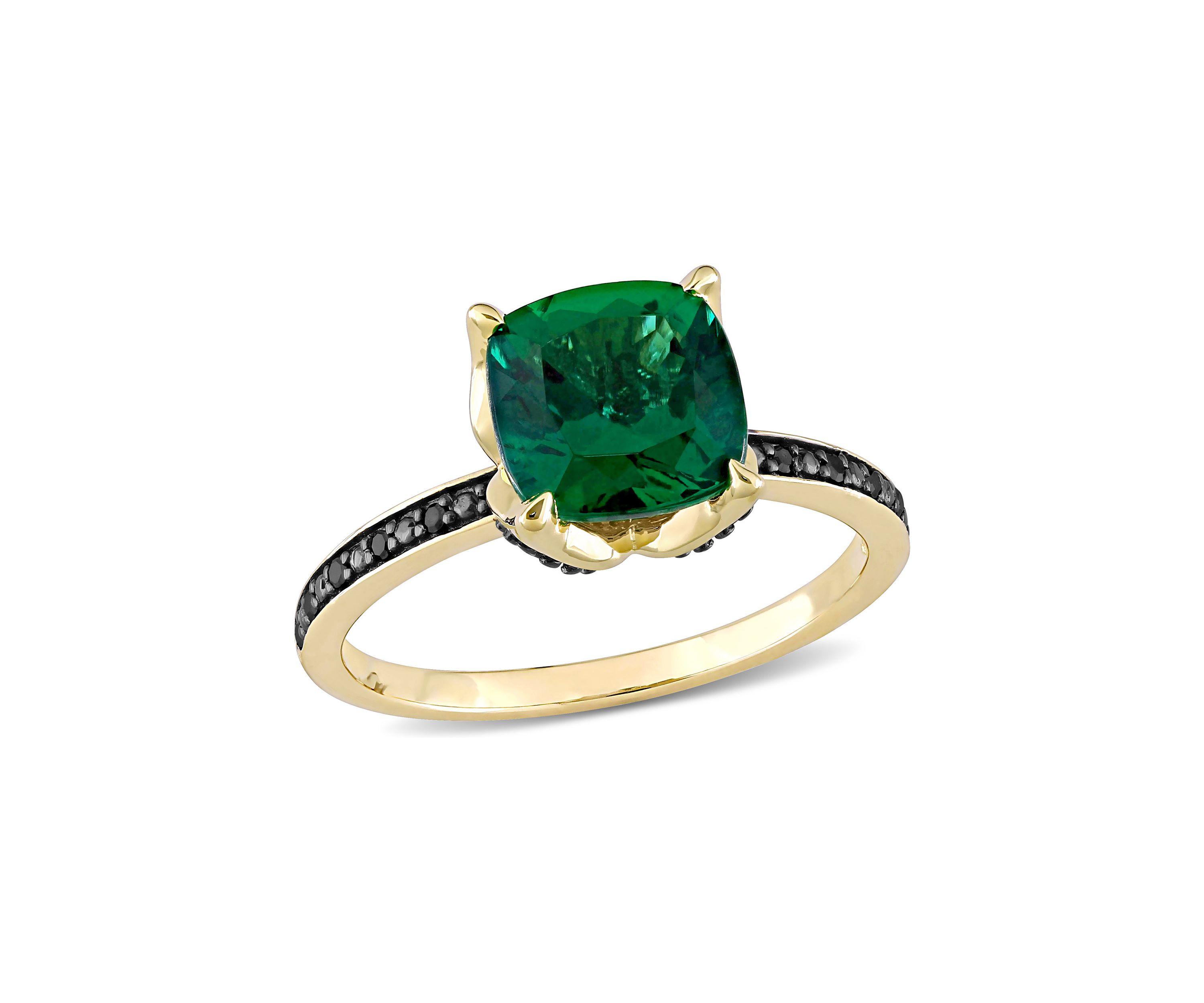 1.62 ct. t.w. Created Emerald and 1/10 ct. t.w. Black Diamond Accent Ring in 10K Yellow Gold