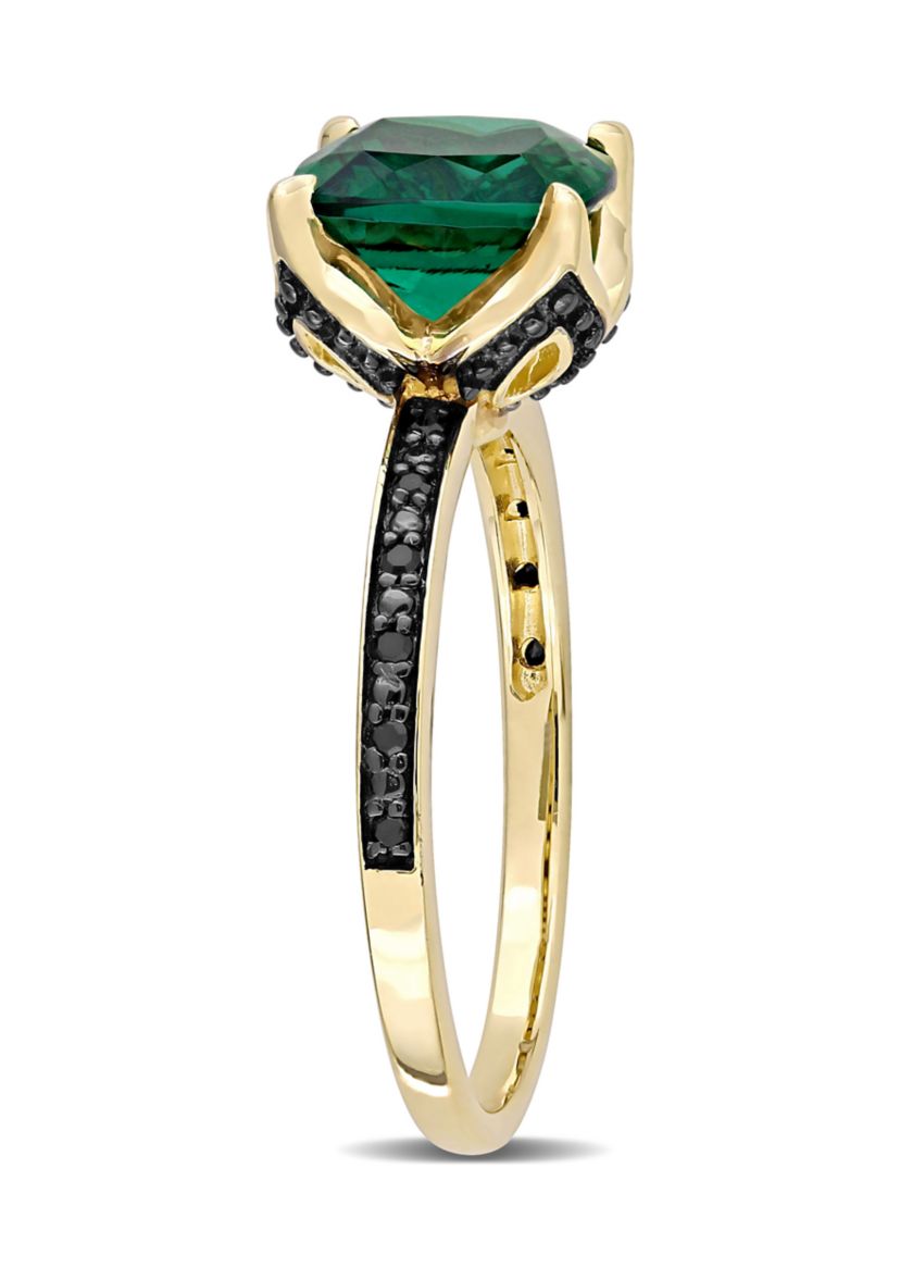 1.62 ct. t.w. Created Emerald and 1/10 ct. t.w. Black Diamond Accent Ring in 10K Yellow Gold