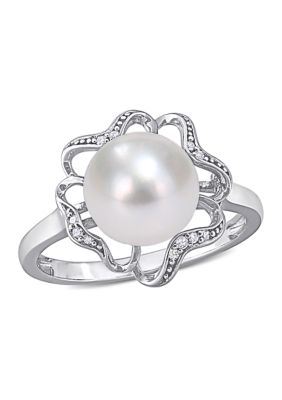 Belk & Co 9.5 Millimeter Freshwater Cultured Pearl and 1/10 ct. t.w. Diamond-Accent Floral Cocktail Ring in Sterling Silver, White