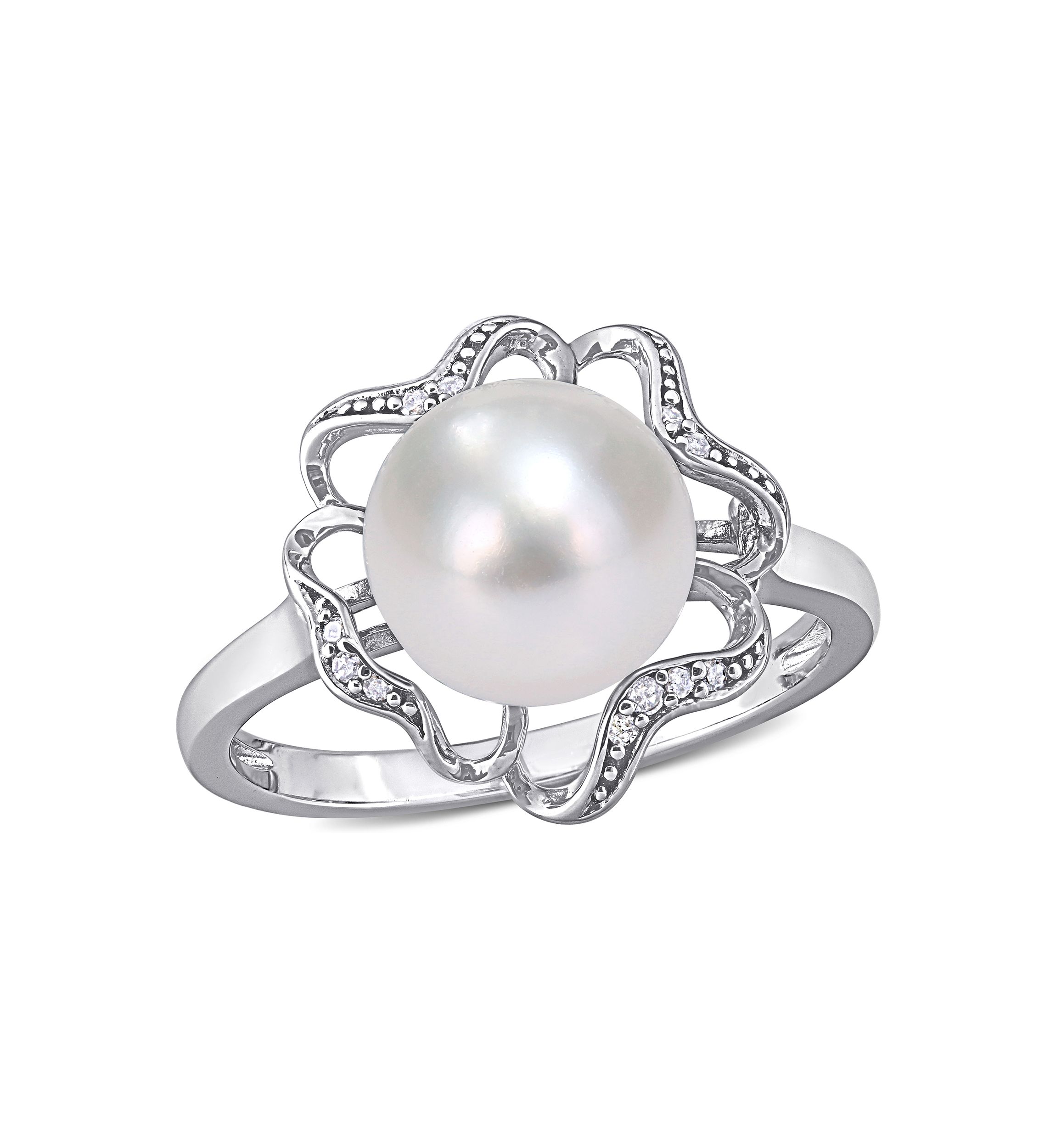 9.5 Millimeter Freshwater Cultured Pearl and 1/10 ct. t.w. Diamond-Accent Floral Cocktail Ring in Sterling Silver