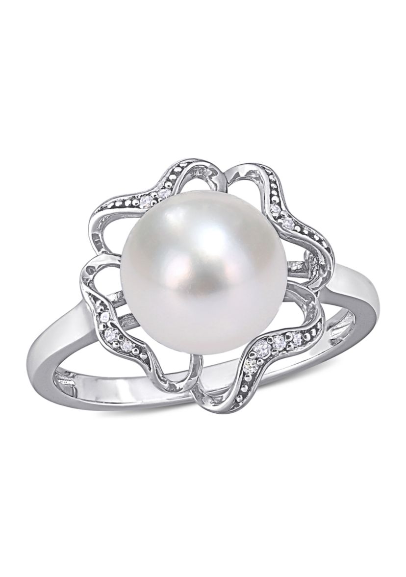 9.5 Millimeter Freshwater Cultured Pearl and 1/10 ct. t.w. Diamond-Accent Floral Cocktail Ring in Sterling Silver
