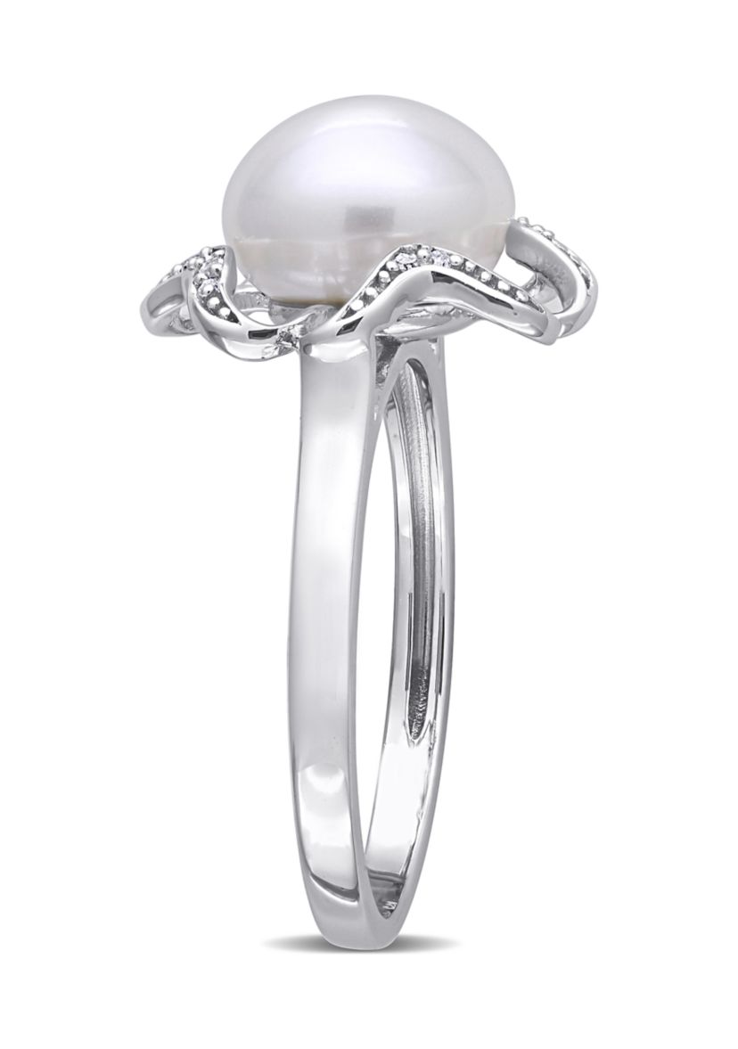 9.5 Millimeter Freshwater Cultured Pearl and 1/10 ct. t.w. Diamond-Accent Floral Cocktail Ring in Sterling Silver