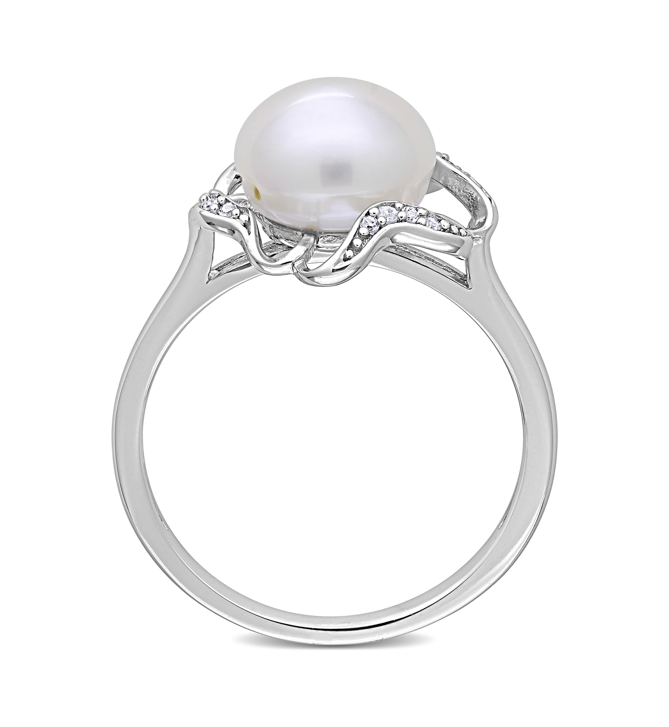 9.5 Millimeter Freshwater Cultured Pearl and 1/10 ct. t.w. Diamond-Accent Floral Cocktail Ring in Sterling Silver