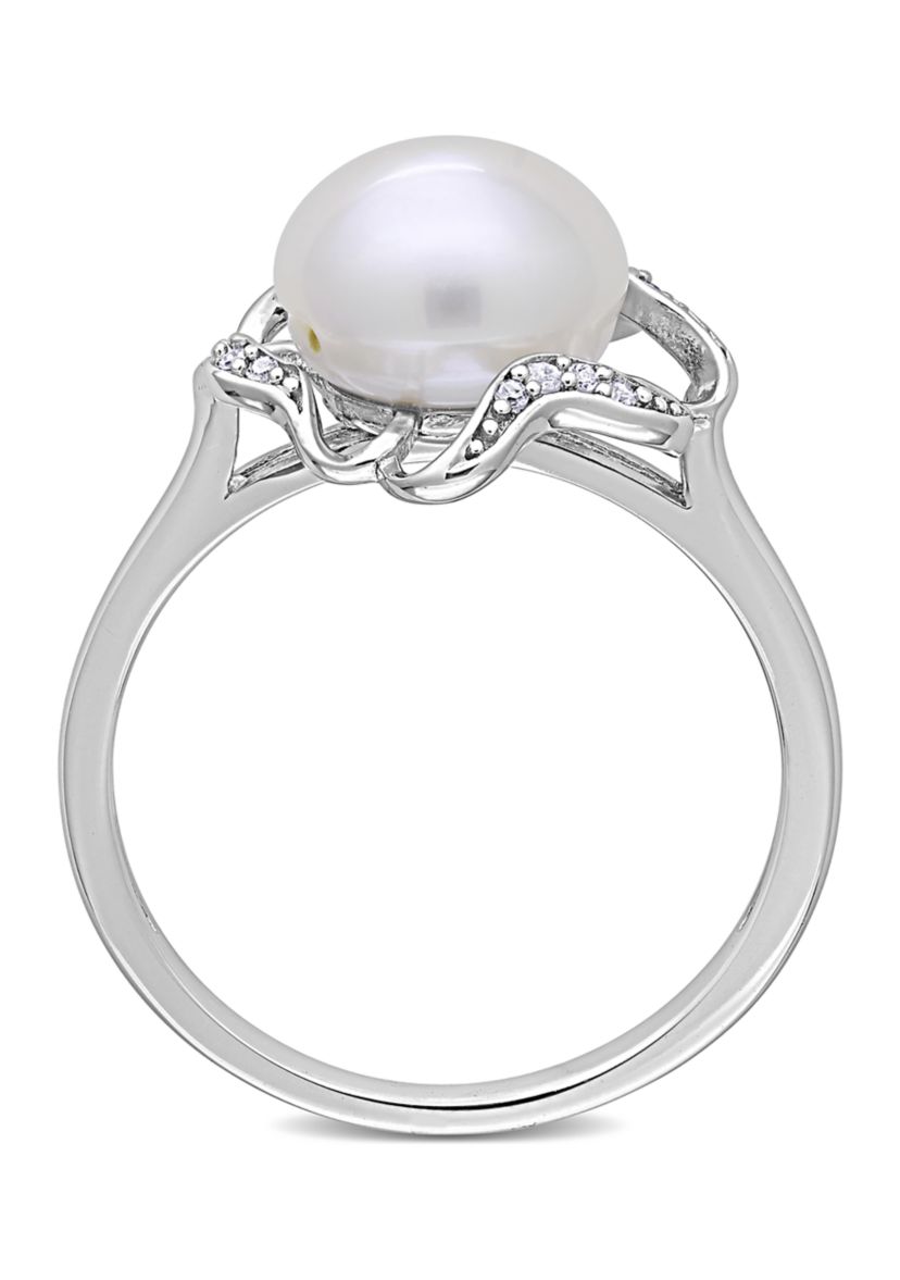 9.5 Millimeter Freshwater Cultured Pearl and 1/10 ct. t.w. Diamond-Accent Floral Cocktail Ring in Sterling Silver