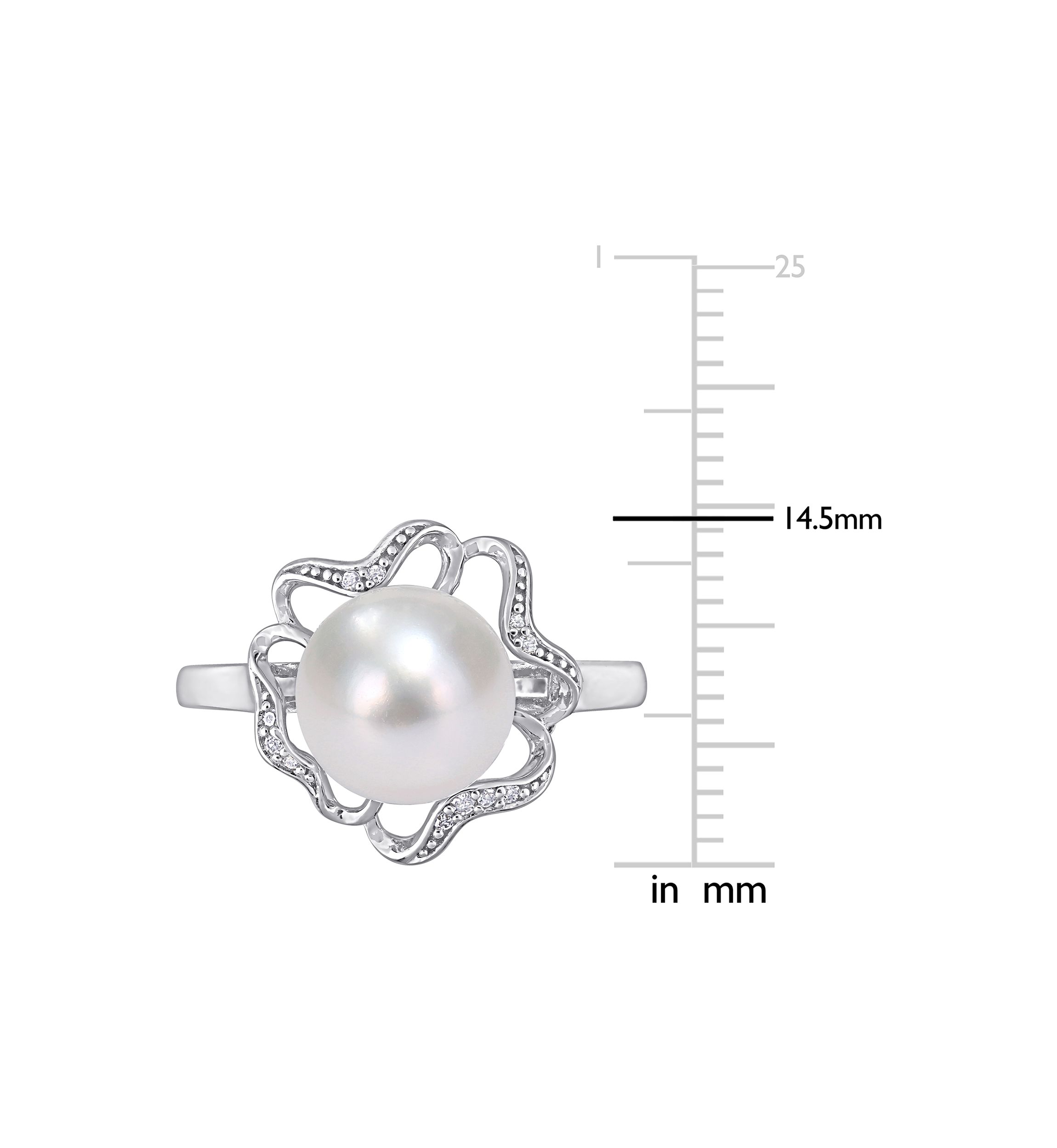 9.5 Millimeter Freshwater Cultured Pearl and 1/10 ct. t.w. Diamond-Accent Floral Cocktail Ring in Sterling Silver