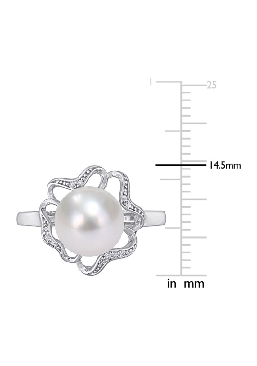 9.5 Millimeter Freshwater Cultured Pearl and 1/10 ct. t.w. Diamond-Accent Floral Cocktail Ring in Sterling Silver