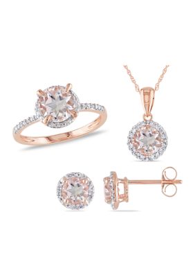 Belk & Co 3 Ct. T.w. Morganite And 1/5 Ct. T.w. Diamond Halo Ring, Necklace, And Stud Earrings Set In 10K Rose Gold