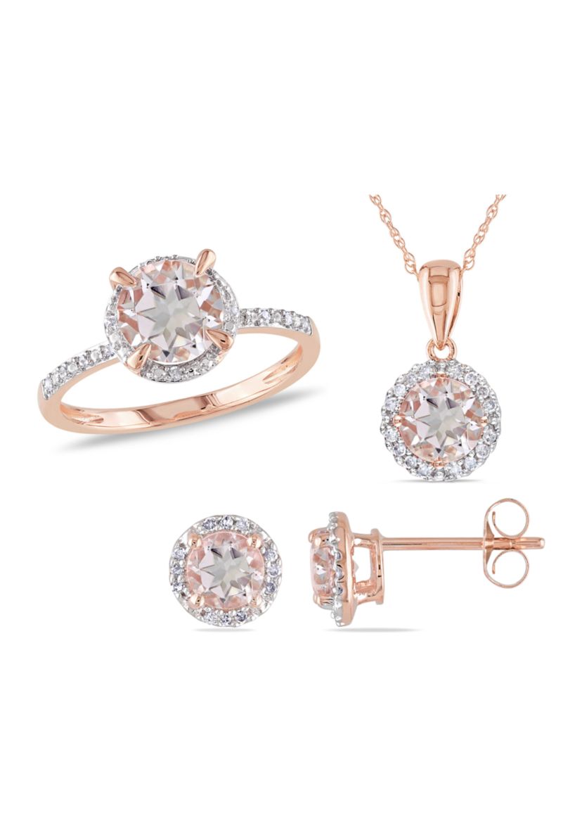 3 ct. t.w. Morganite and 1/5 ct. t.w. Diamond Halo Ring, Necklace, and Stud Earrings Set in 10k Rose Gold