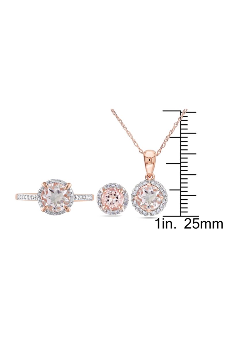 3 ct. t.w. Morganite and 1/5 ct. t.w. Diamond Halo Ring, Necklace, and Stud Earrings Set in 10k Rose Gold