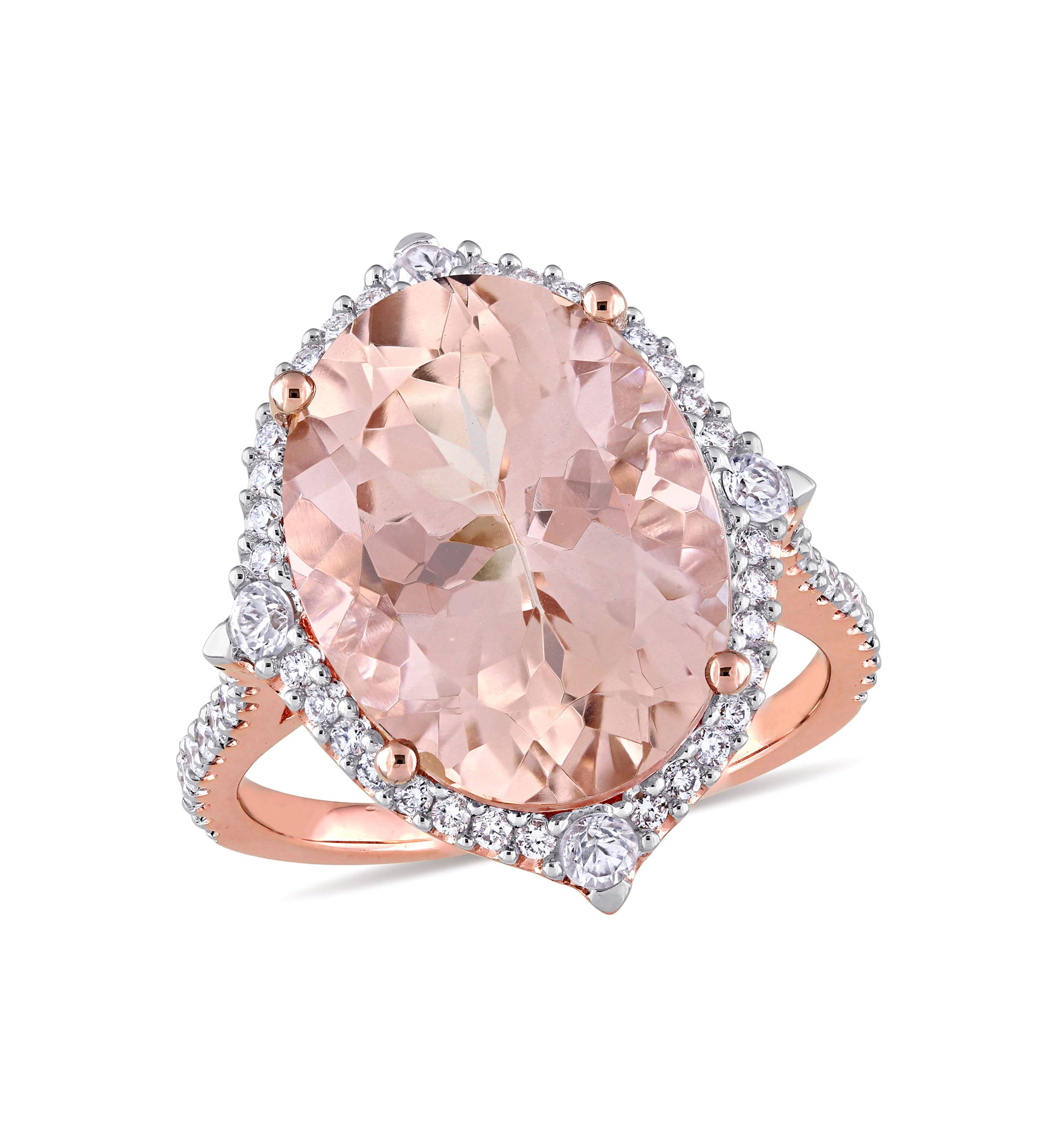 Morganite, White Sapphire and 3/8 ct. t.w. Diamond Oval Halo Cocktail Ring in 14k Rose Gold