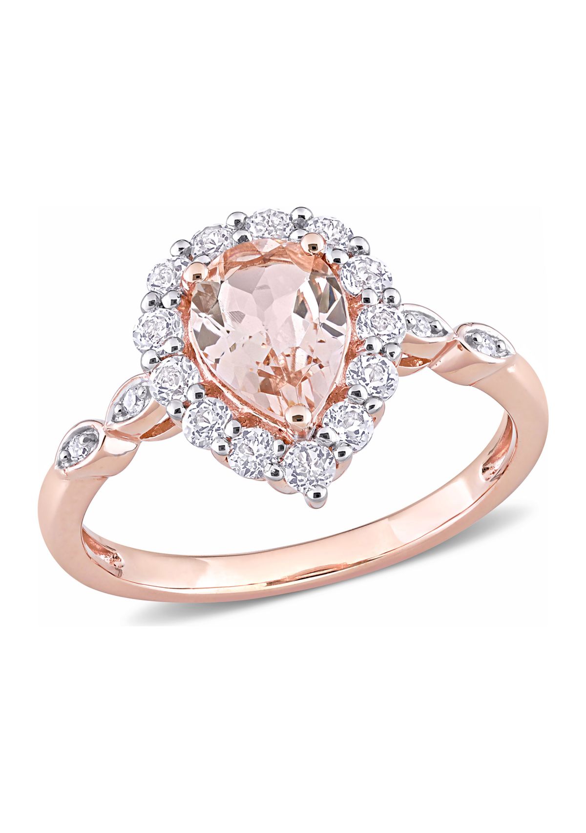 Morganite, White Topaz, and Diamond Accent Teardrop Halo Ring in 10k Rose Gold