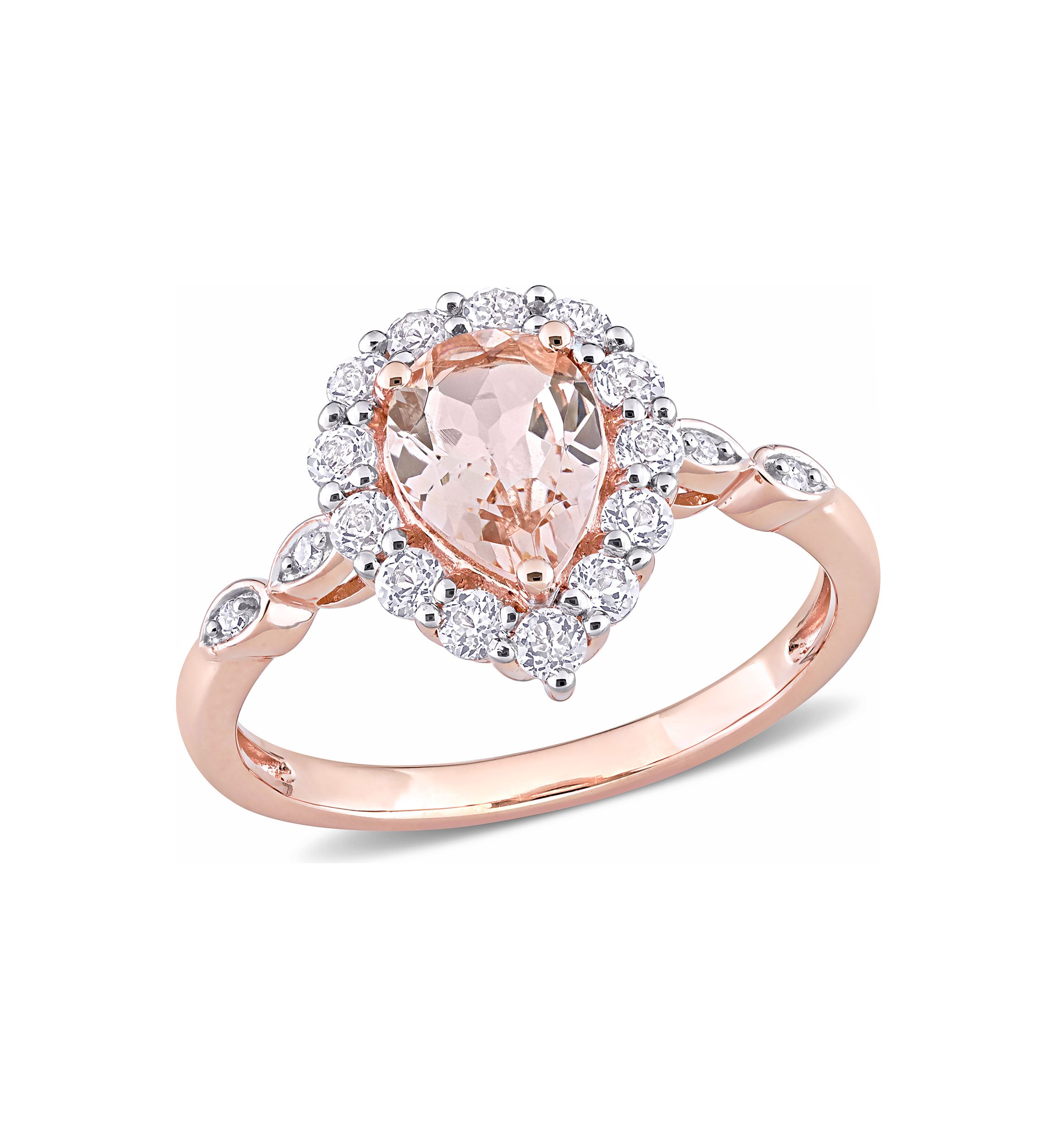 Morganite, White Topaz, and Diamond Accent Teardrop Halo Ring in 10k Rose Gold