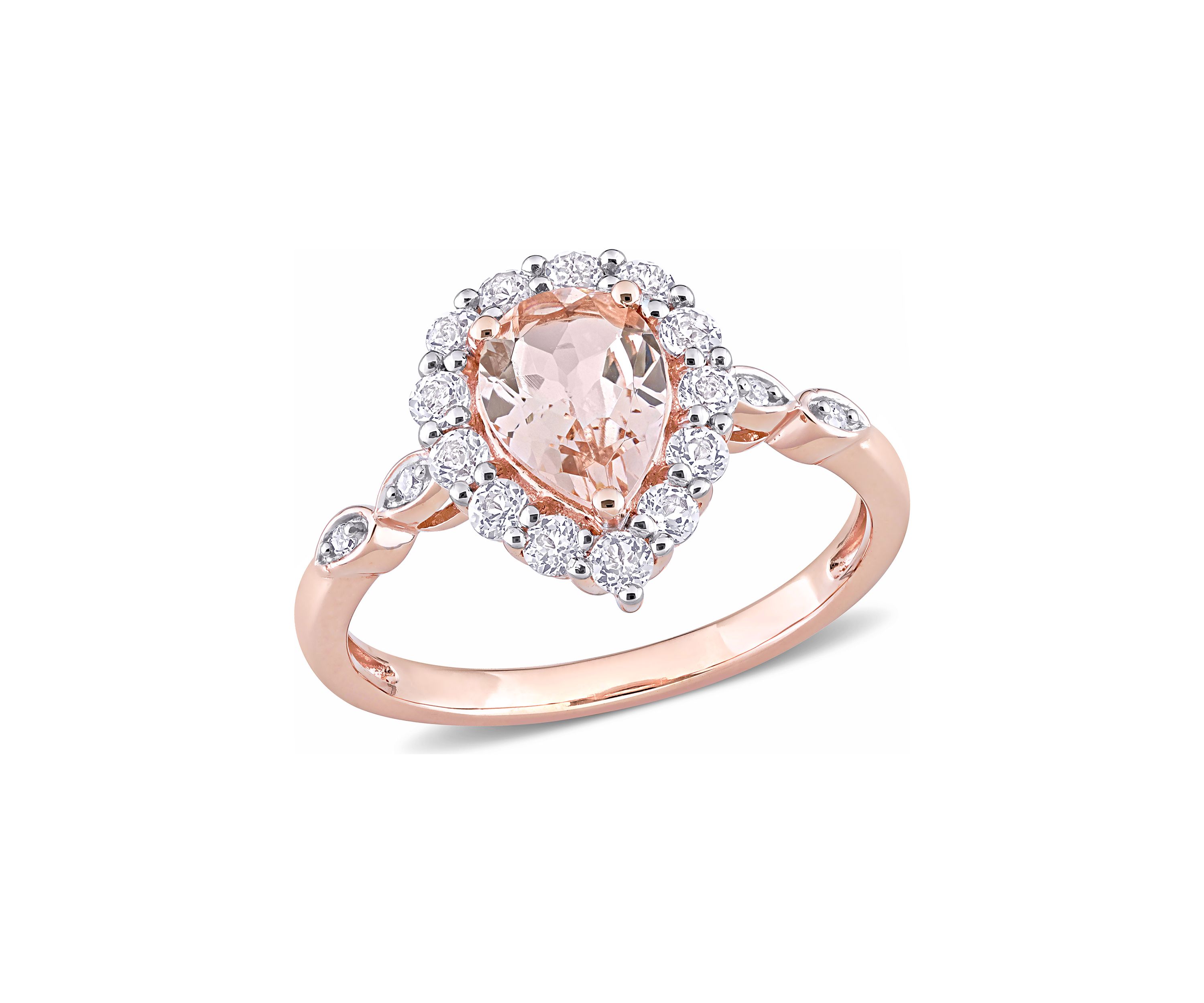 Morganite, White Topaz, and Diamond Accent Teardrop Halo Ring in 10k Rose Gold