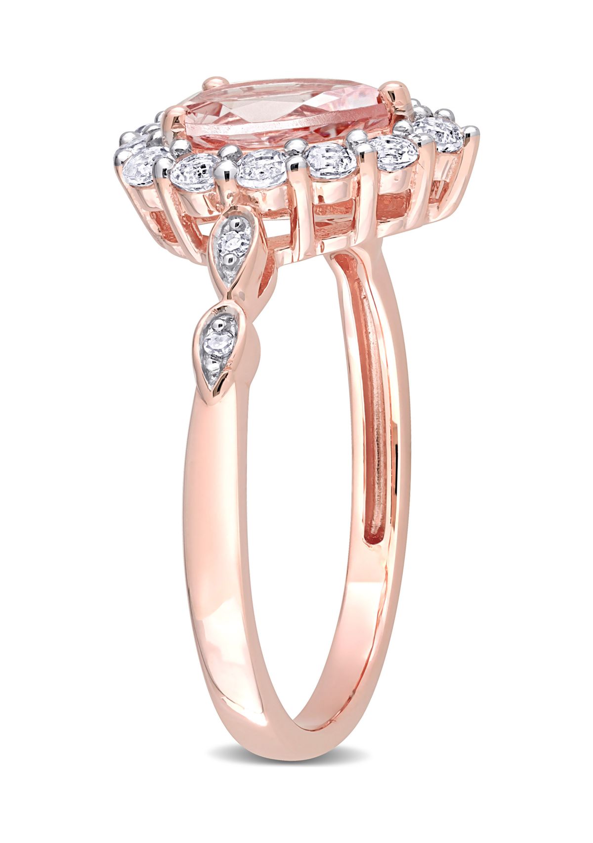 Morganite, White Topaz, and Diamond Accent Teardrop Halo Ring in 10k Rose Gold