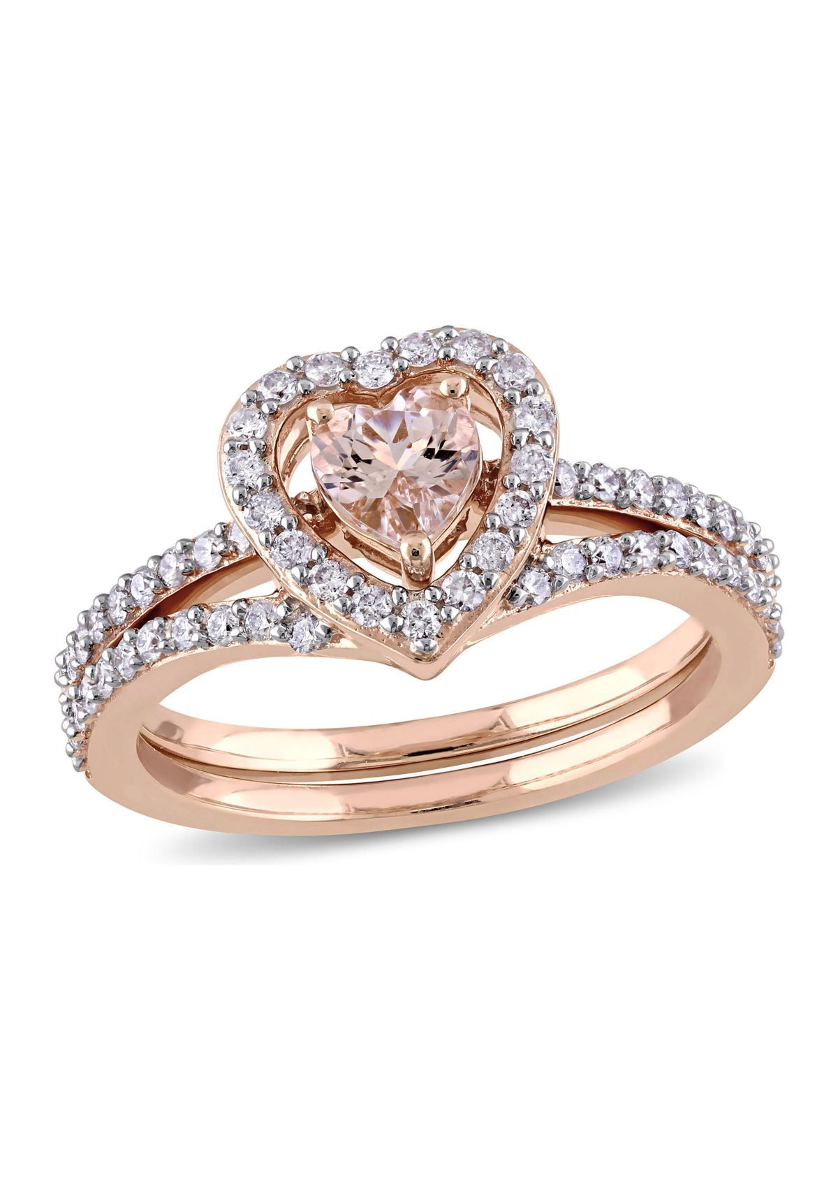 1/2 ct. t.w. Morganite and 1/2 ct. t.w. Diamond Halo Interlocking Bridal Ring Set in 10k Rose Gold