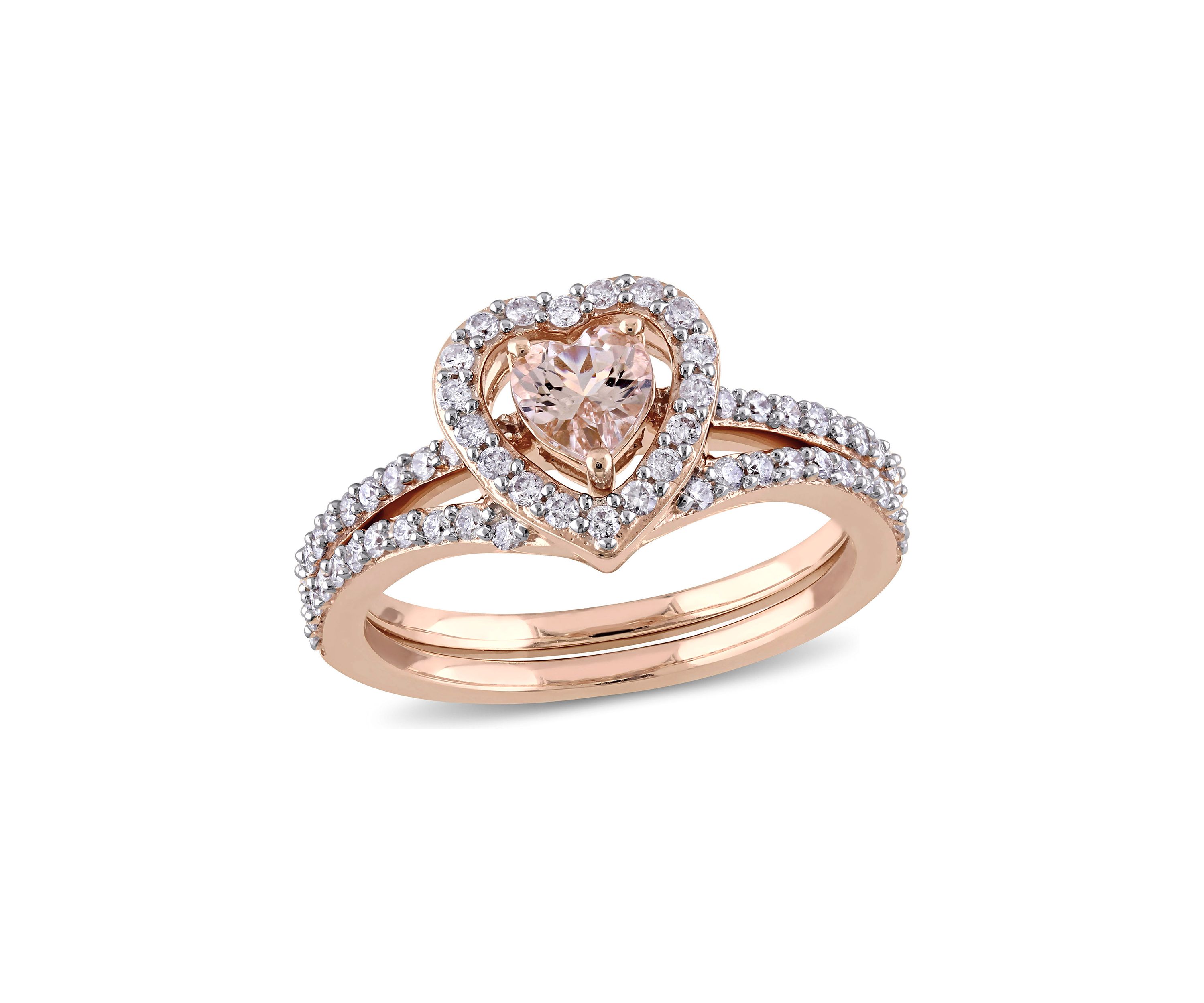 1/2 ct. t.w. Morganite and 1/2 ct. t.w. Diamond Halo Interlocking Bridal Ring Set in 10k Rose Gold