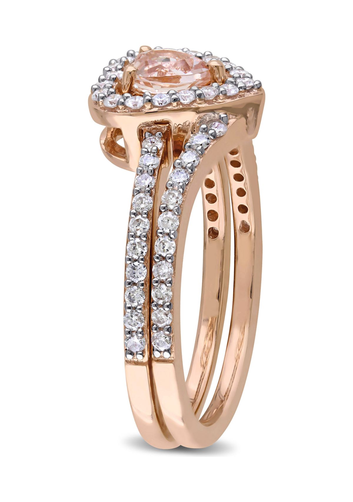 1/2 ct. t.w. Morganite and 1/2 ct. t.w. Diamond Halo Interlocking Bridal Ring Set in 10k Rose Gold