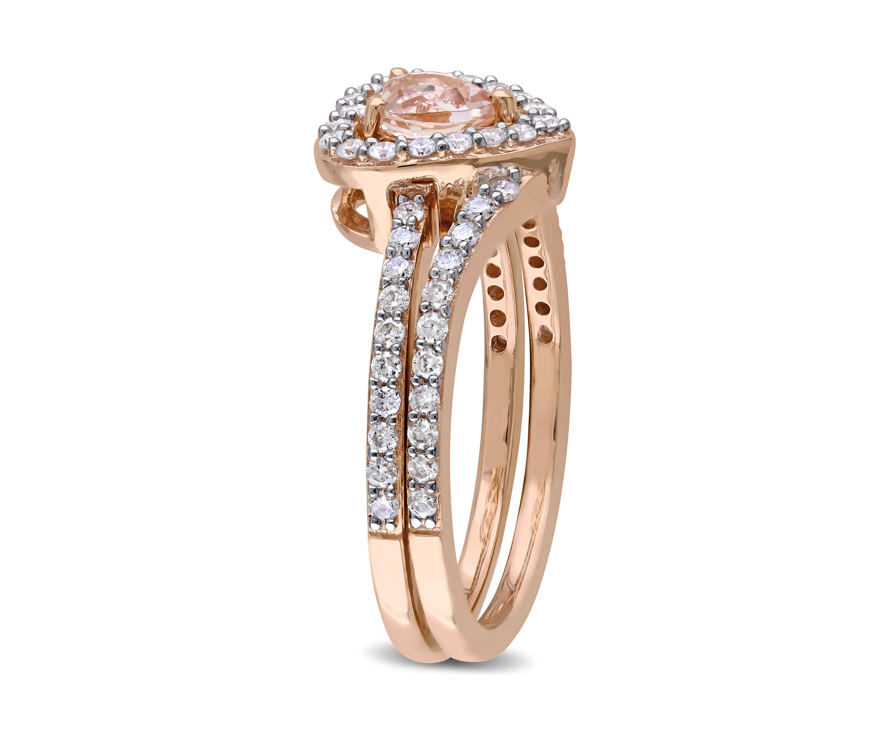 1/2 ct. t.w. Morganite and 1/2 ct. t.w. Diamond Halo Interlocking Bridal Ring Set in 10k Rose Gold