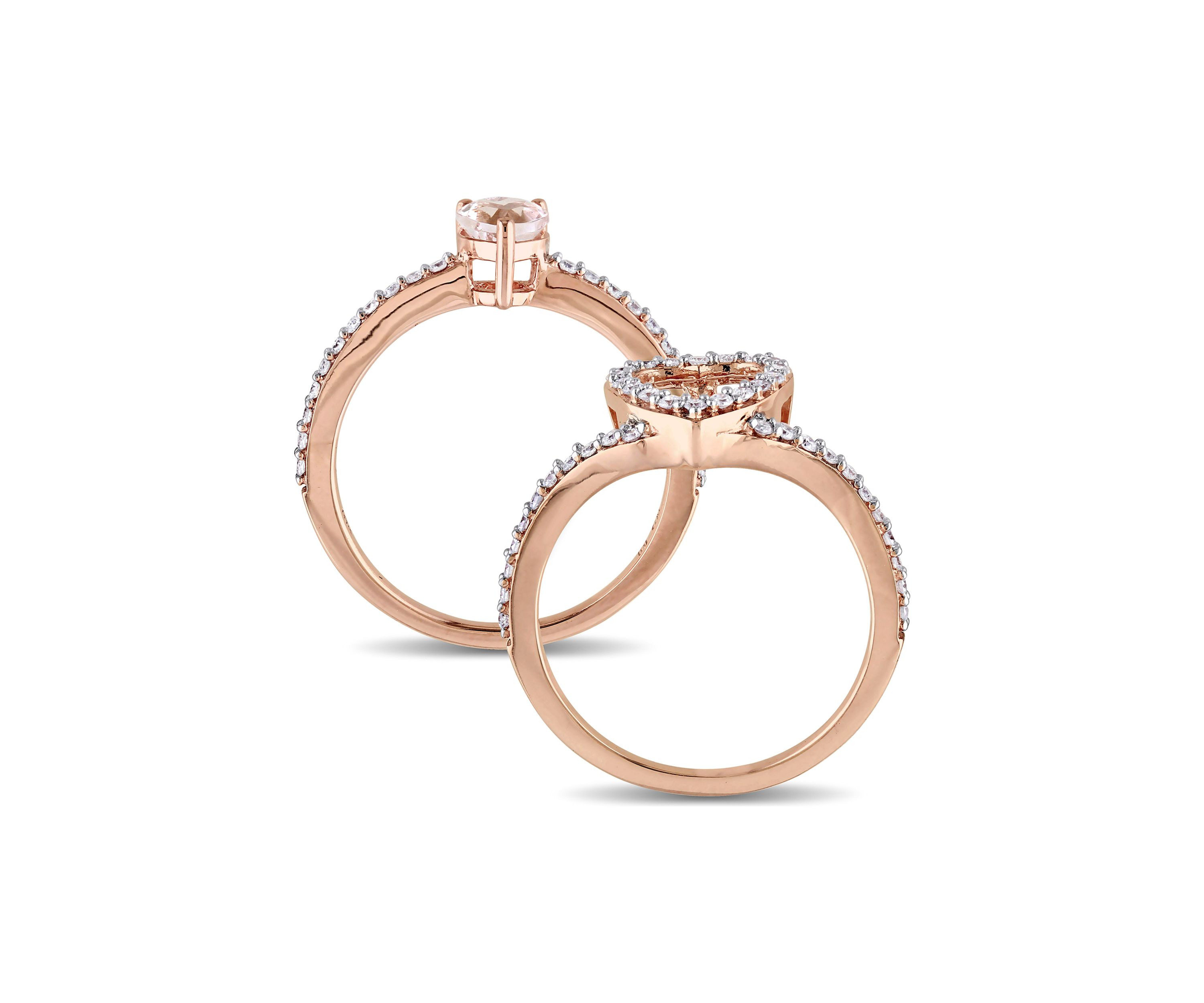 1/2 ct. t.w. Morganite and 1/2 ct. t.w. Diamond Halo Interlocking Bridal Ring Set in 10k Rose Gold