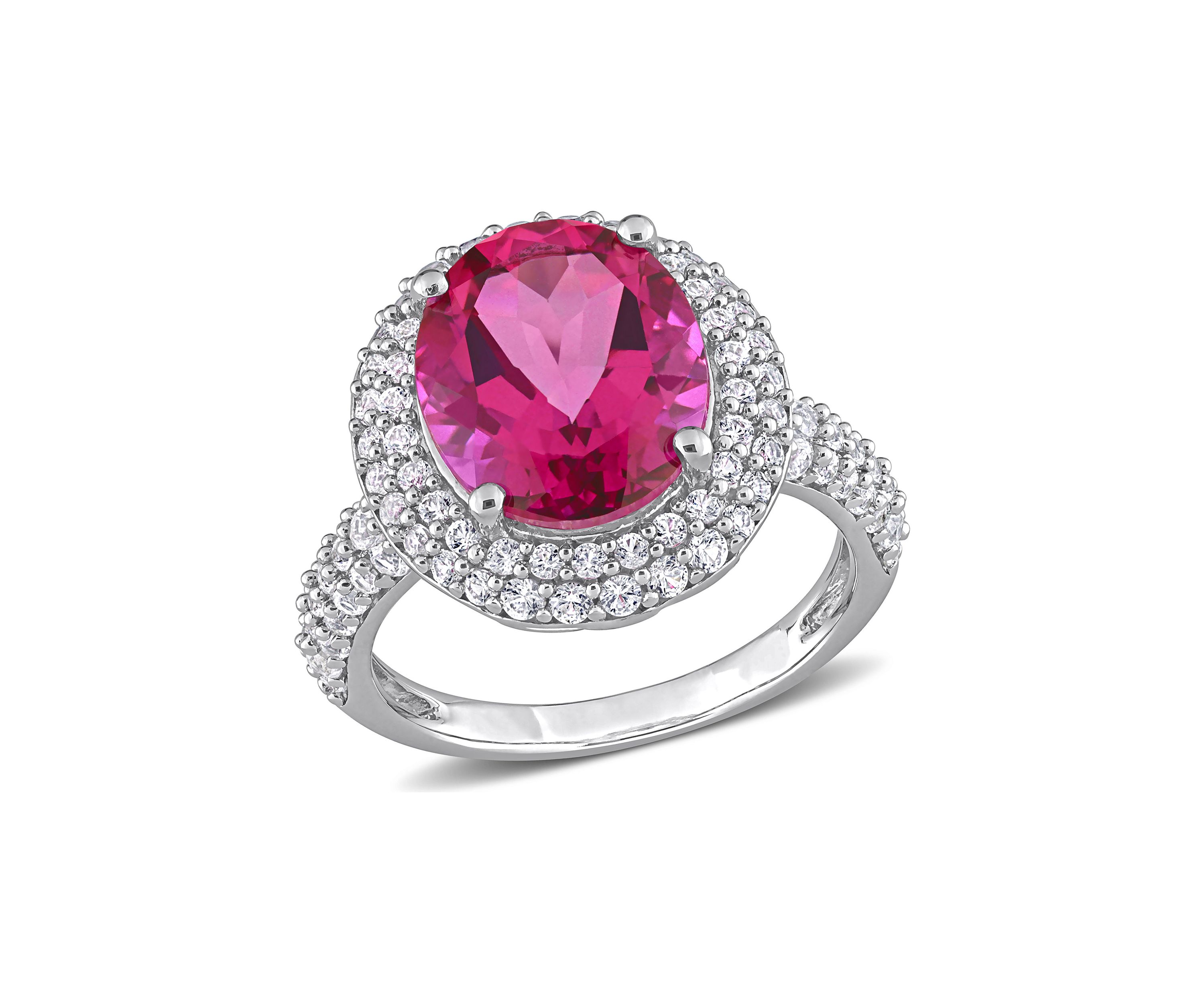 Lab Created Pink Topaz and Created White Sapphire Oval Halo Ring in Sterling Silver