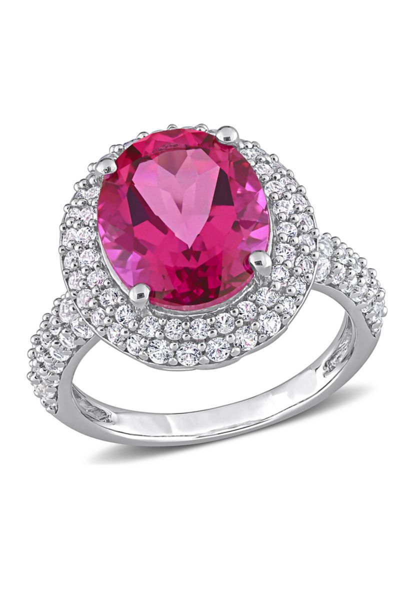 Lab Created Pink Topaz and Created White Sapphire Oval Halo Ring in Sterling Silver