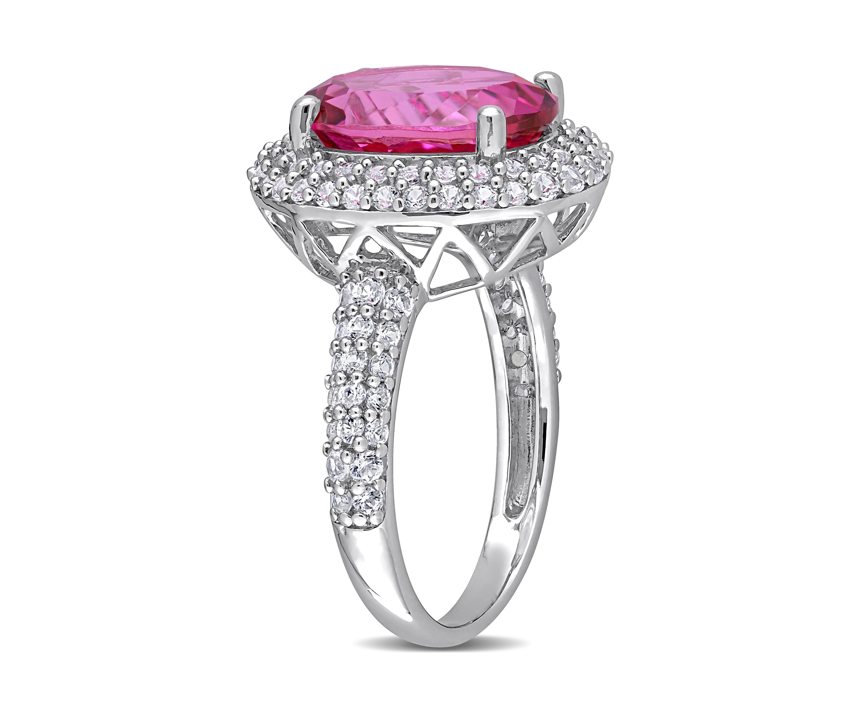 Lab Created Pink Topaz and Created White Sapphire Oval Halo Ring in Sterling Silver