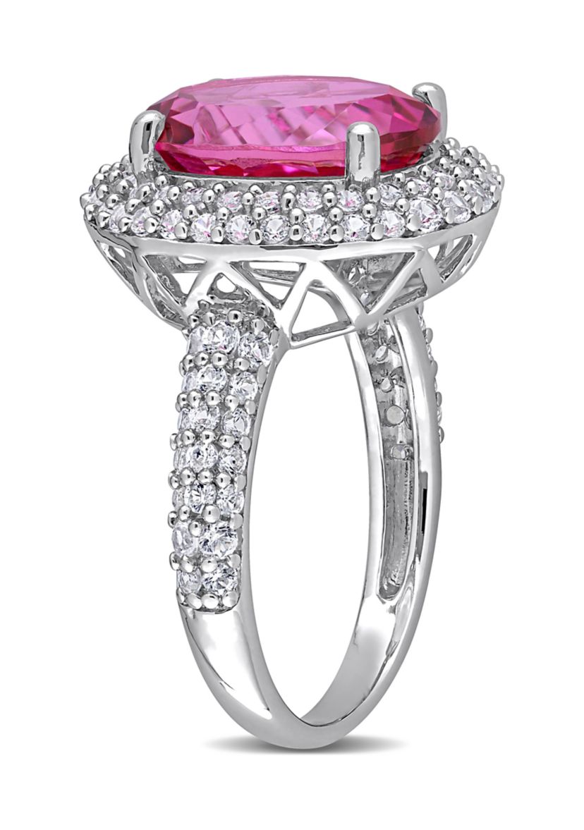 Lab Created Pink Topaz and Created White Sapphire Oval Halo Ring in Sterling Silver
