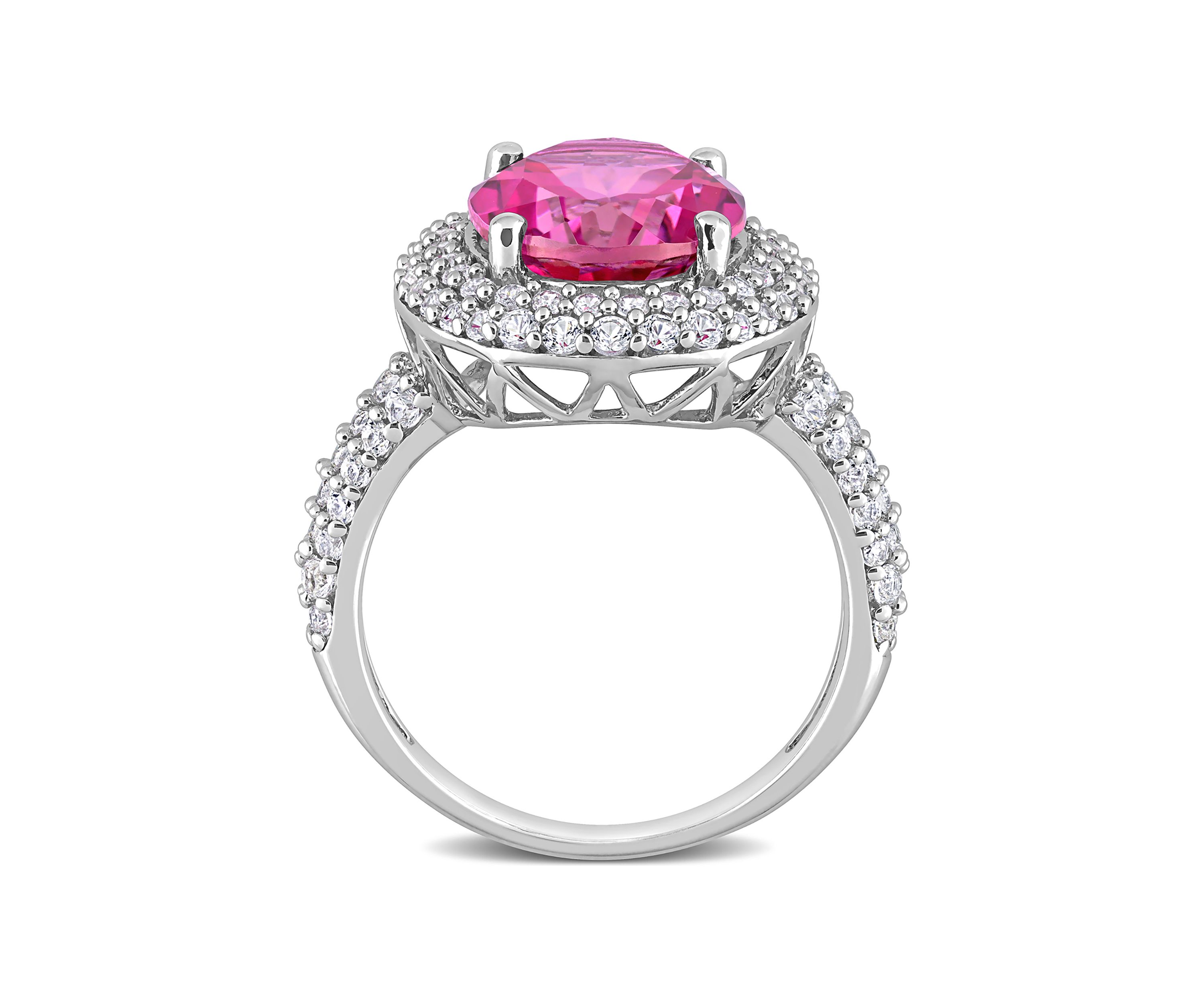 Lab Created Pink Topaz and Created White Sapphire Oval Halo Ring in Sterling Silver