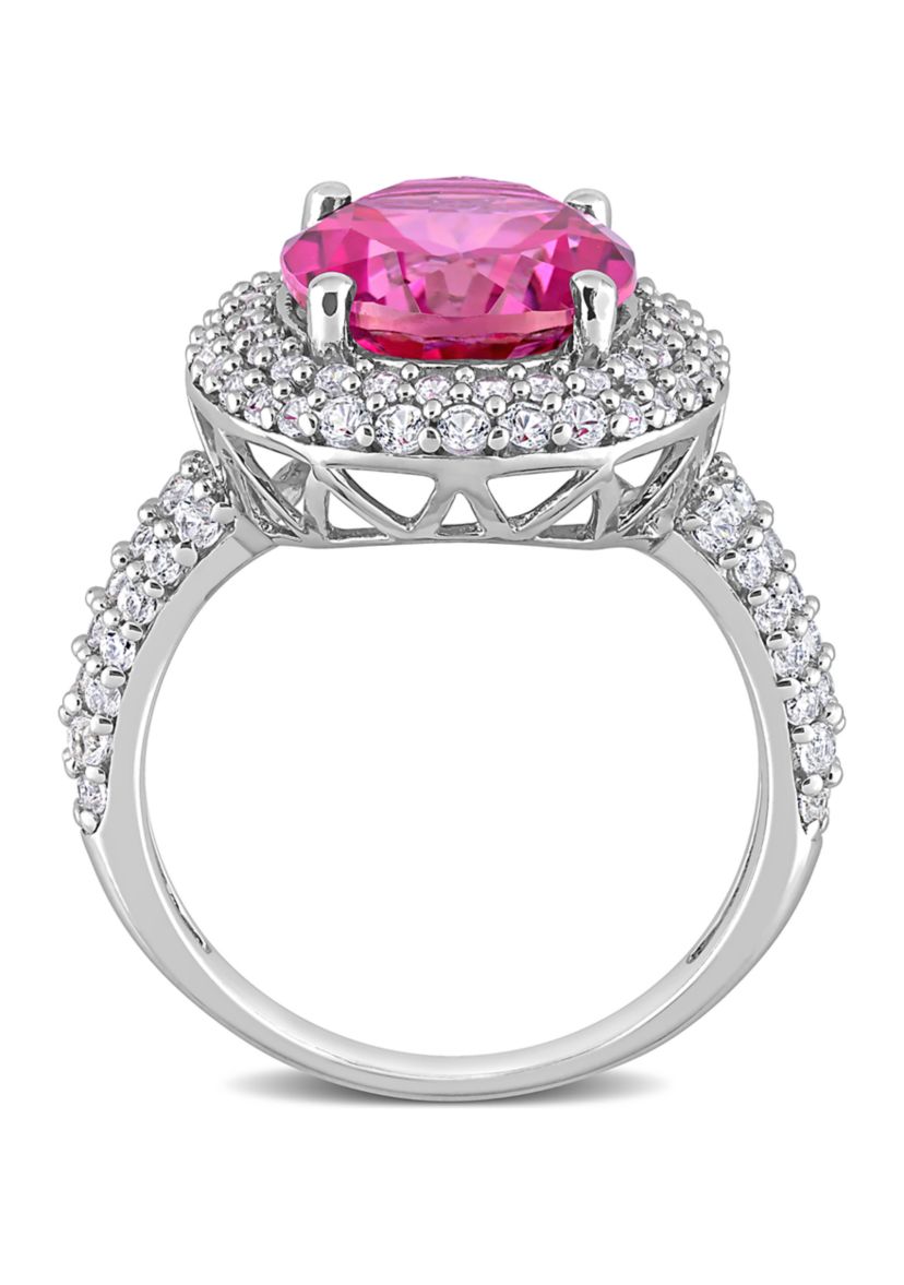 Lab Created Pink Topaz and Created White Sapphire Oval Halo Ring in Sterling Silver