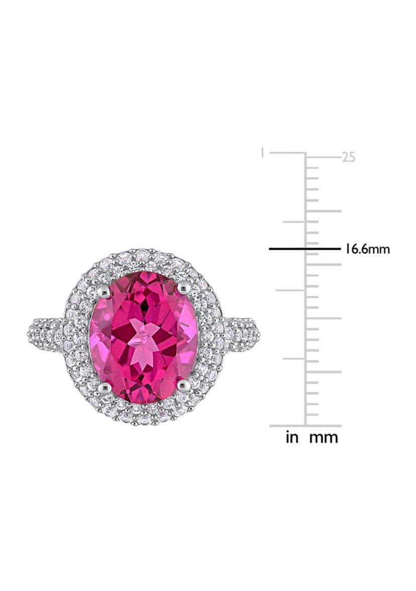 Lab Created Pink Topaz and Created White Sapphire Oval Halo Ring in Sterling Silver