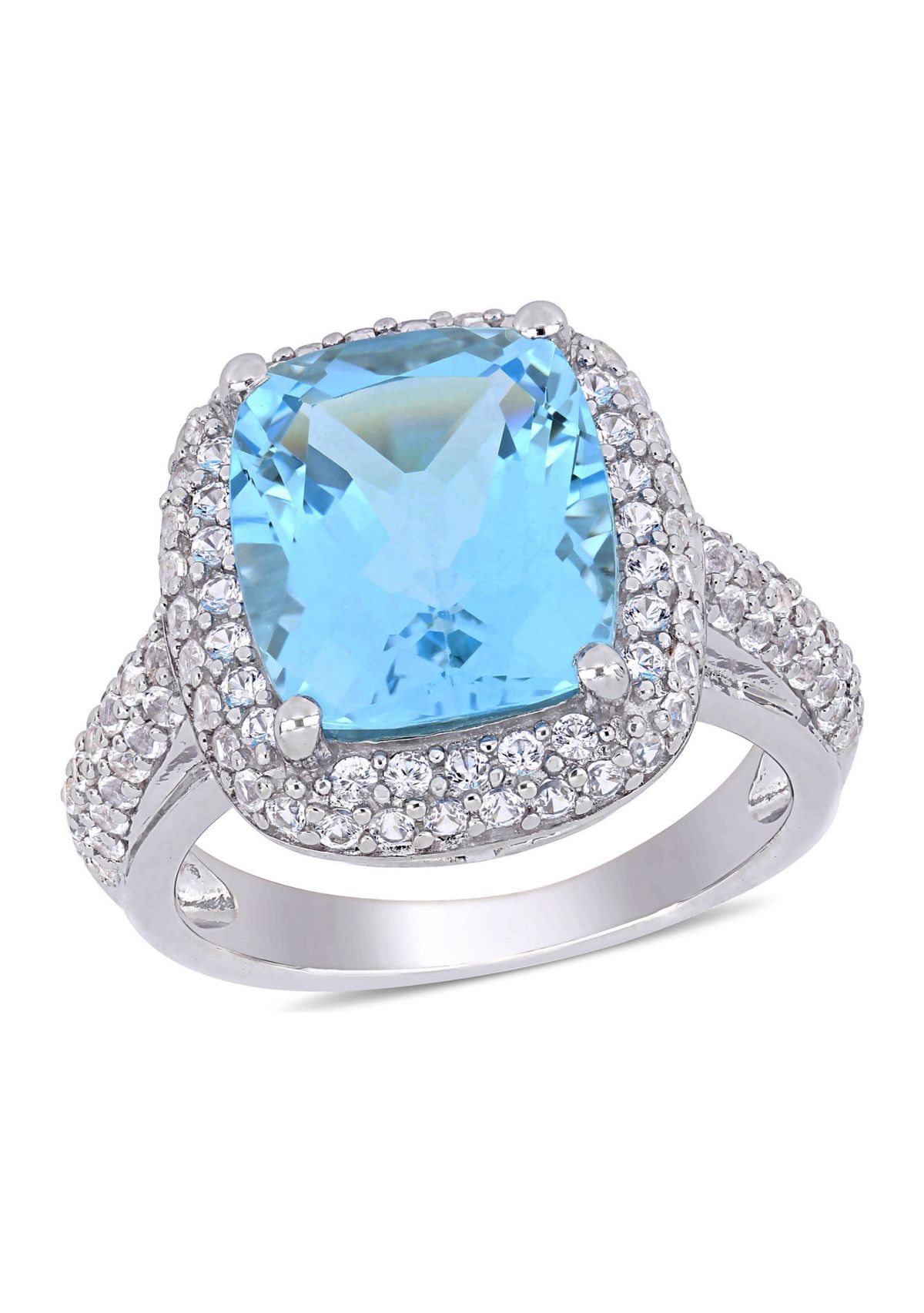 Lab Created Blue Topaz and Created White Sapphire Halo Ring in Sterling Silver