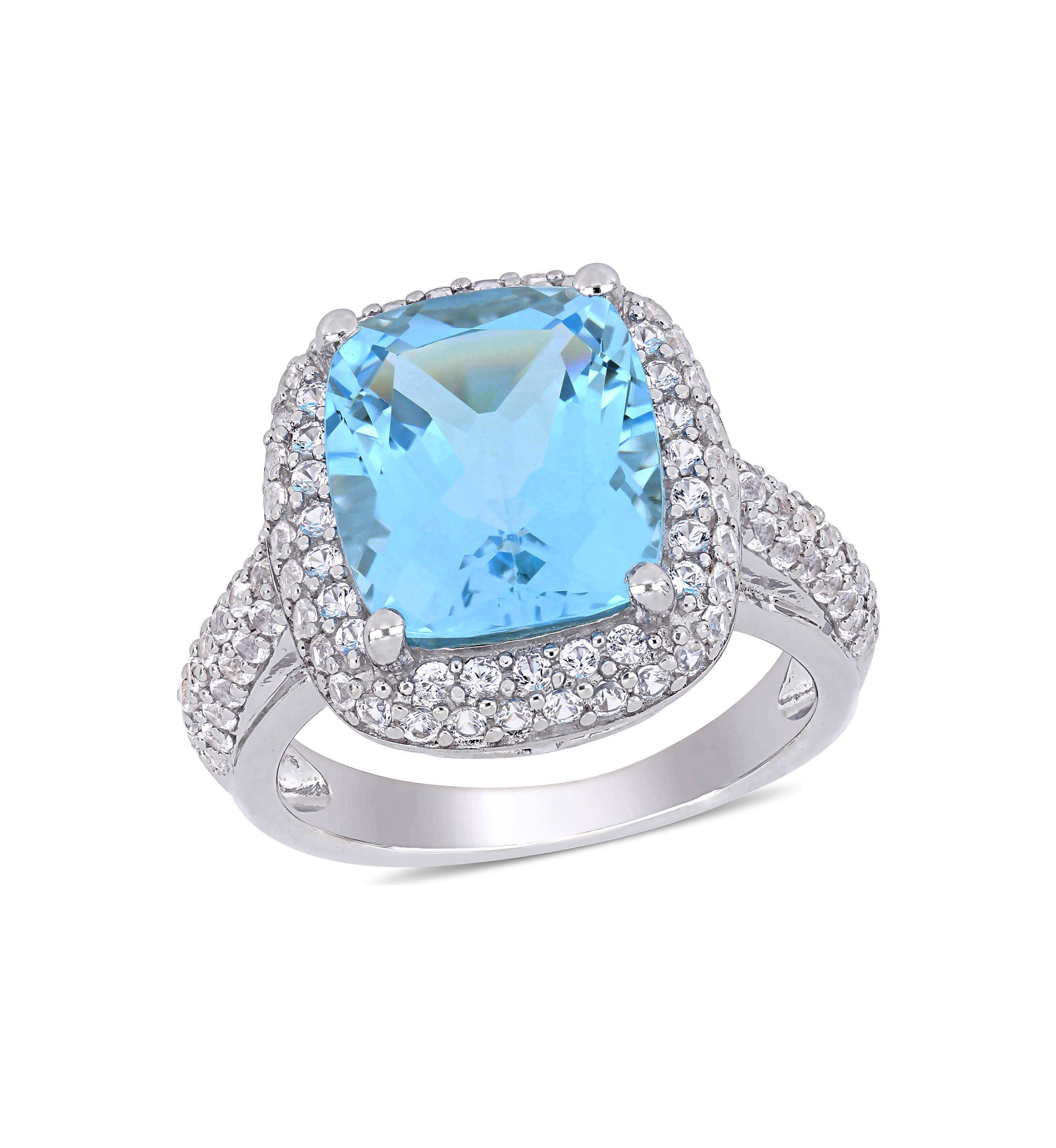 Lab Created Blue Topaz and Created White Sapphire Halo Ring in Sterling Silver