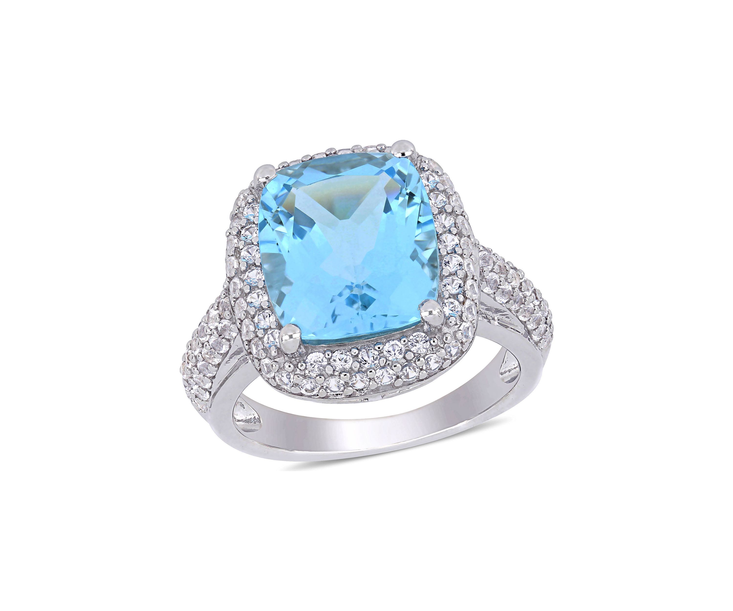 Lab Created Blue Topaz and Created White Sapphire Halo Ring in Sterling Silver