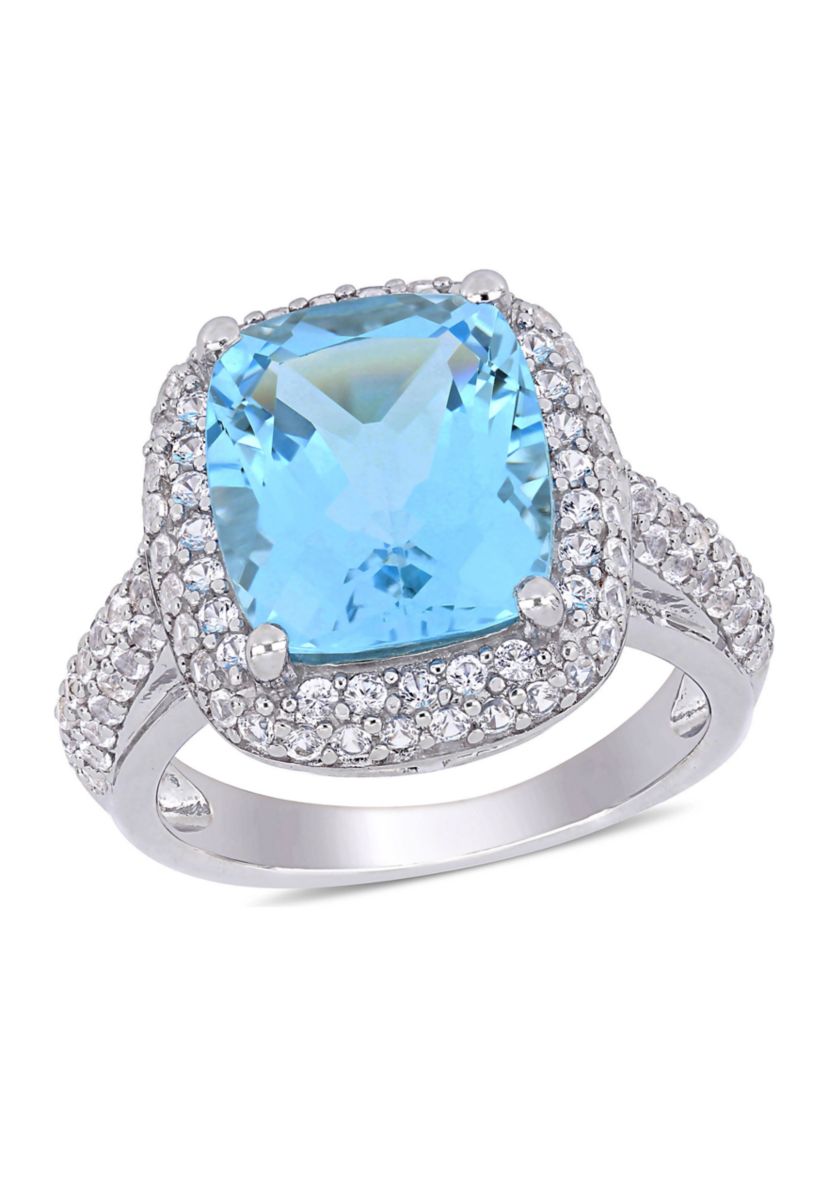 Lab Created Blue Topaz and Created White Sapphire Halo Ring in Sterling Silver