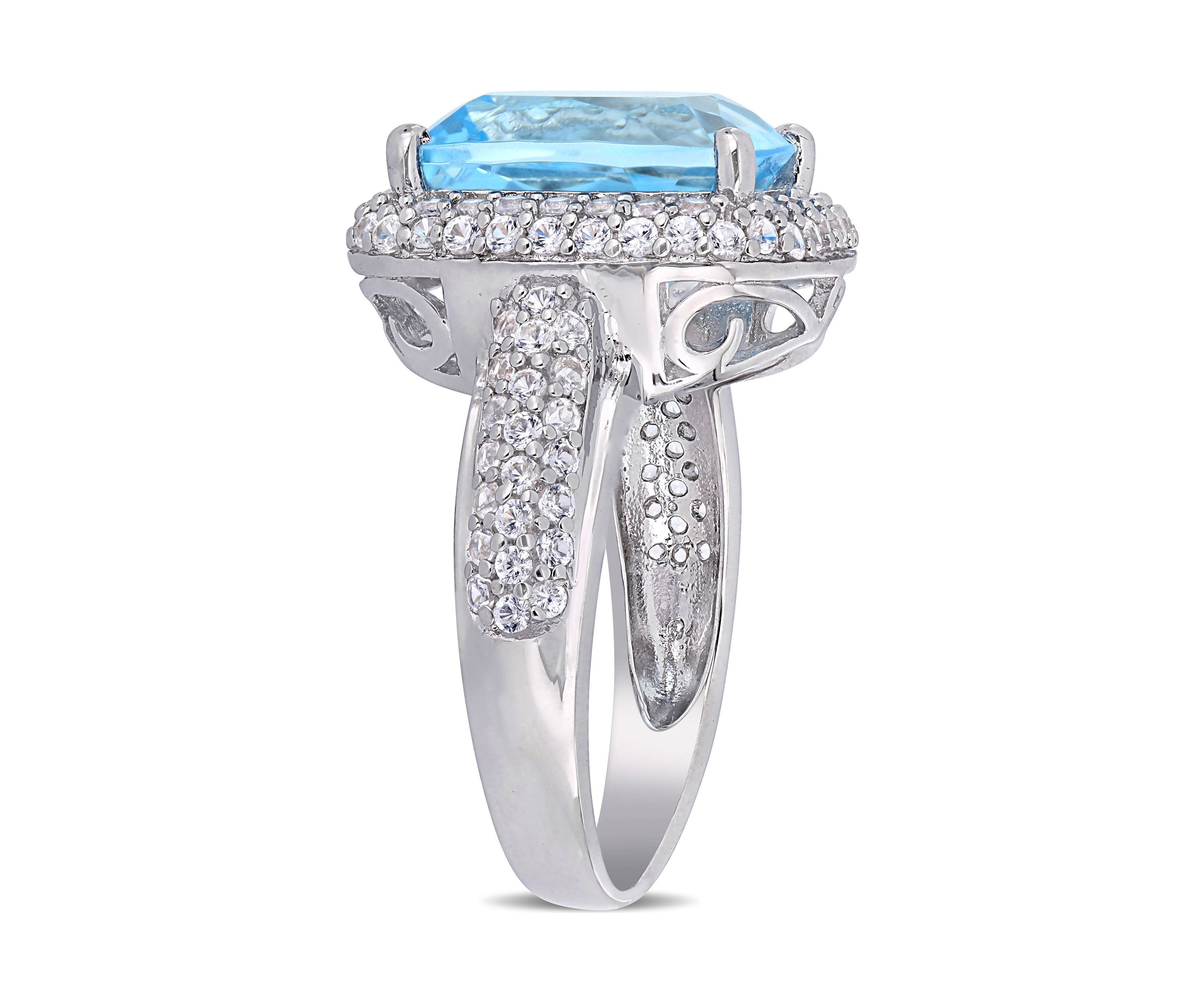 Lab Created Blue Topaz and Created White Sapphire Halo Ring in Sterling Silver