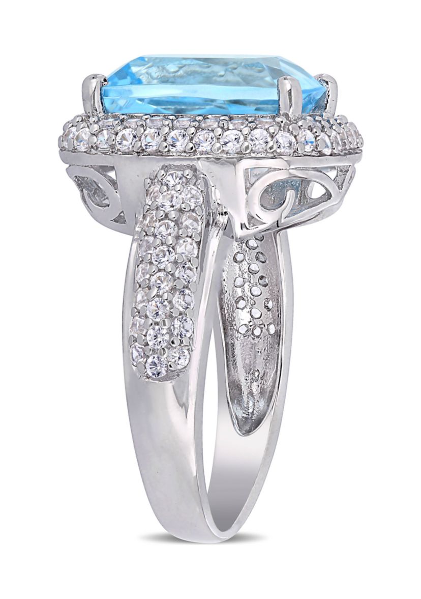 Lab Created Blue Topaz and Created White Sapphire Halo Ring in Sterling Silver