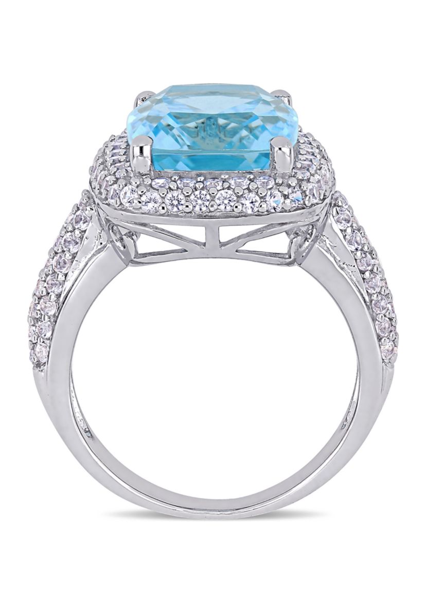 Lab Created Blue Topaz and Created White Sapphire Halo Ring in Sterling Silver