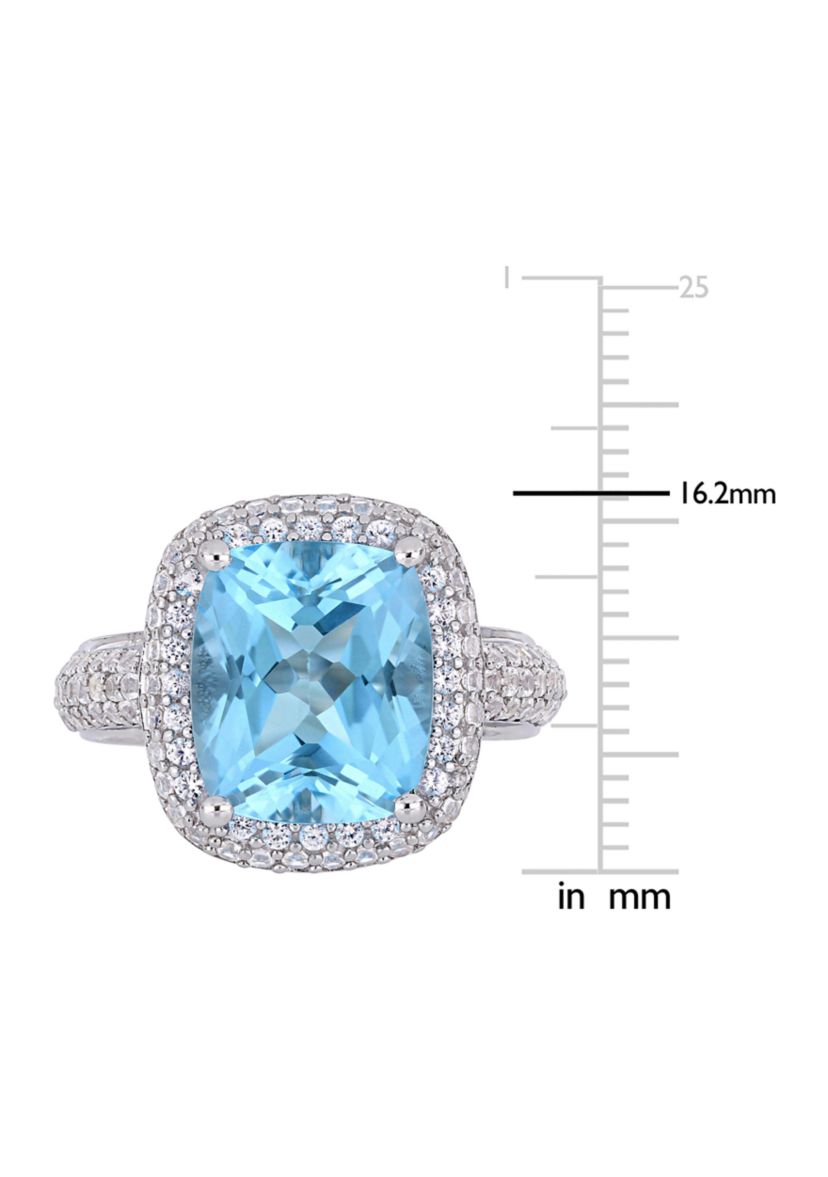 Lab Created Blue Topaz and Created White Sapphire Halo Ring in Sterling Silver