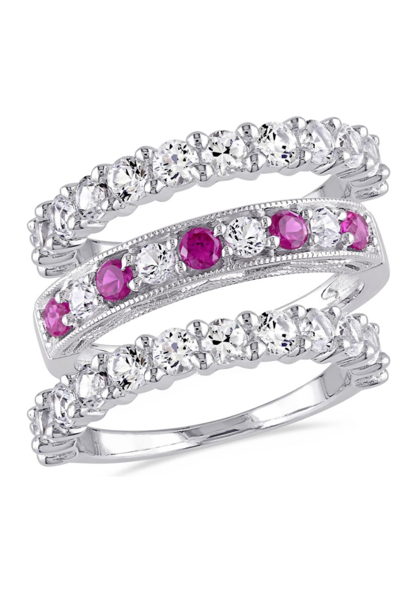 Lab Created 3-Piece Set Created Ruby and Created White Sapphire Semi-Eternity Stackable Ring Set in Sterling Silver