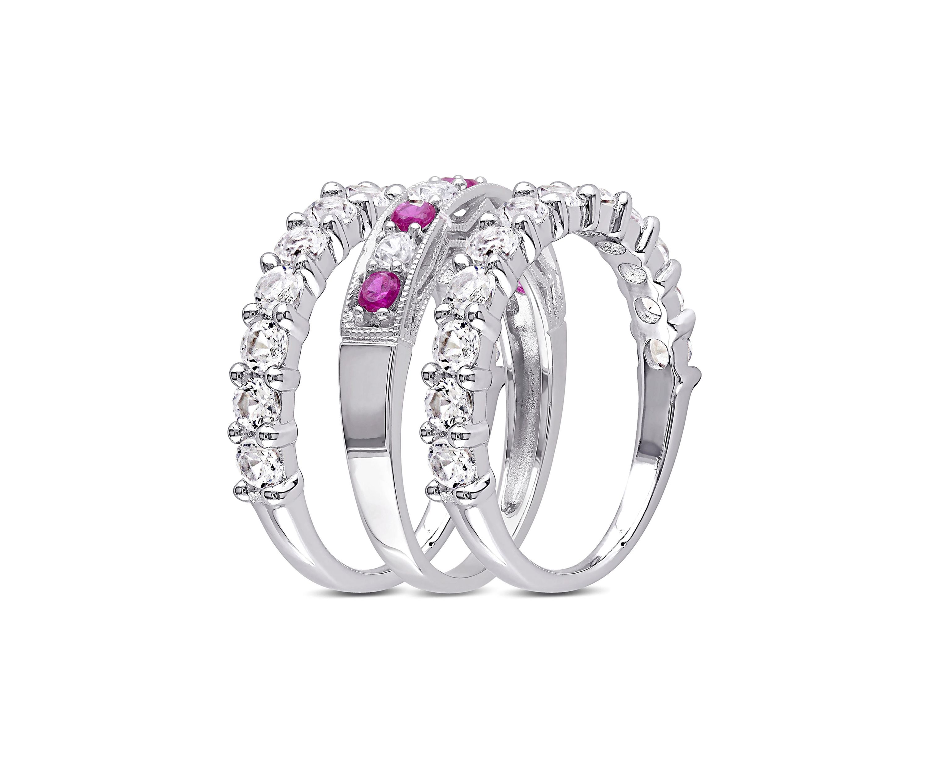 Lab Created 3-Piece Set Created Ruby and Created White Sapphire Semi-Eternity Stackable Ring Set in Sterling Silver