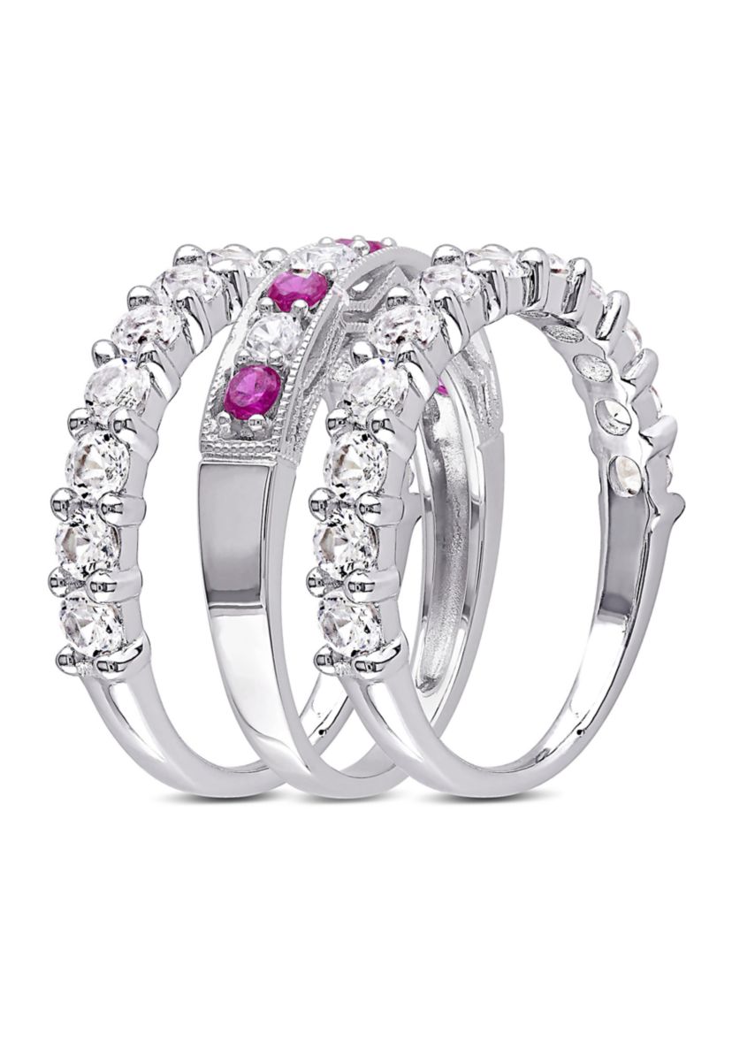 Lab Created 3-Piece Set Created Ruby and Created White Sapphire Semi-Eternity Stackable Ring Set in Sterling Silver