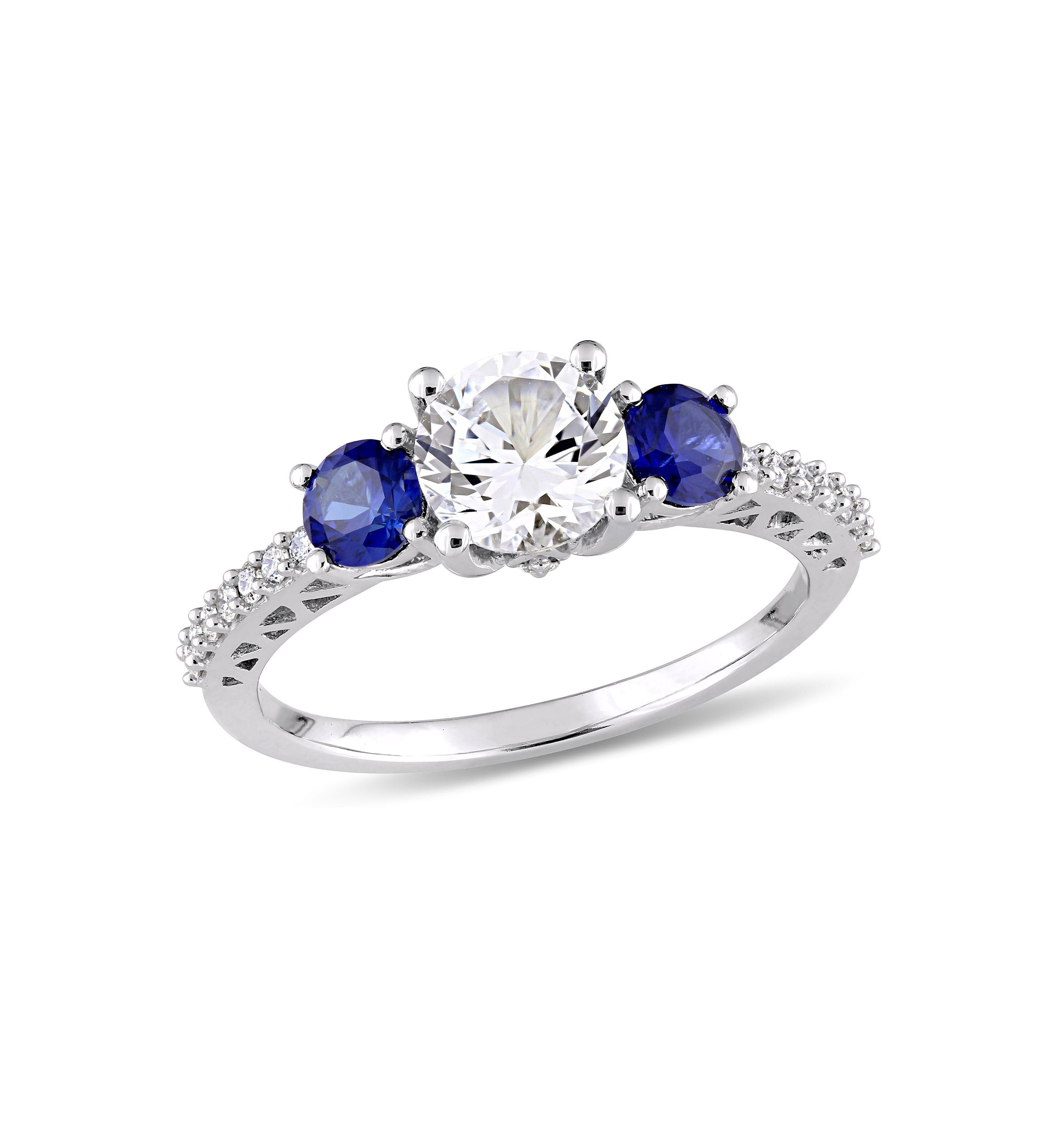 Lab Created Created White and Blue Sapphire 1/7 CT TW Diamond 3-Stone Engagement Ring in 10k White Gold