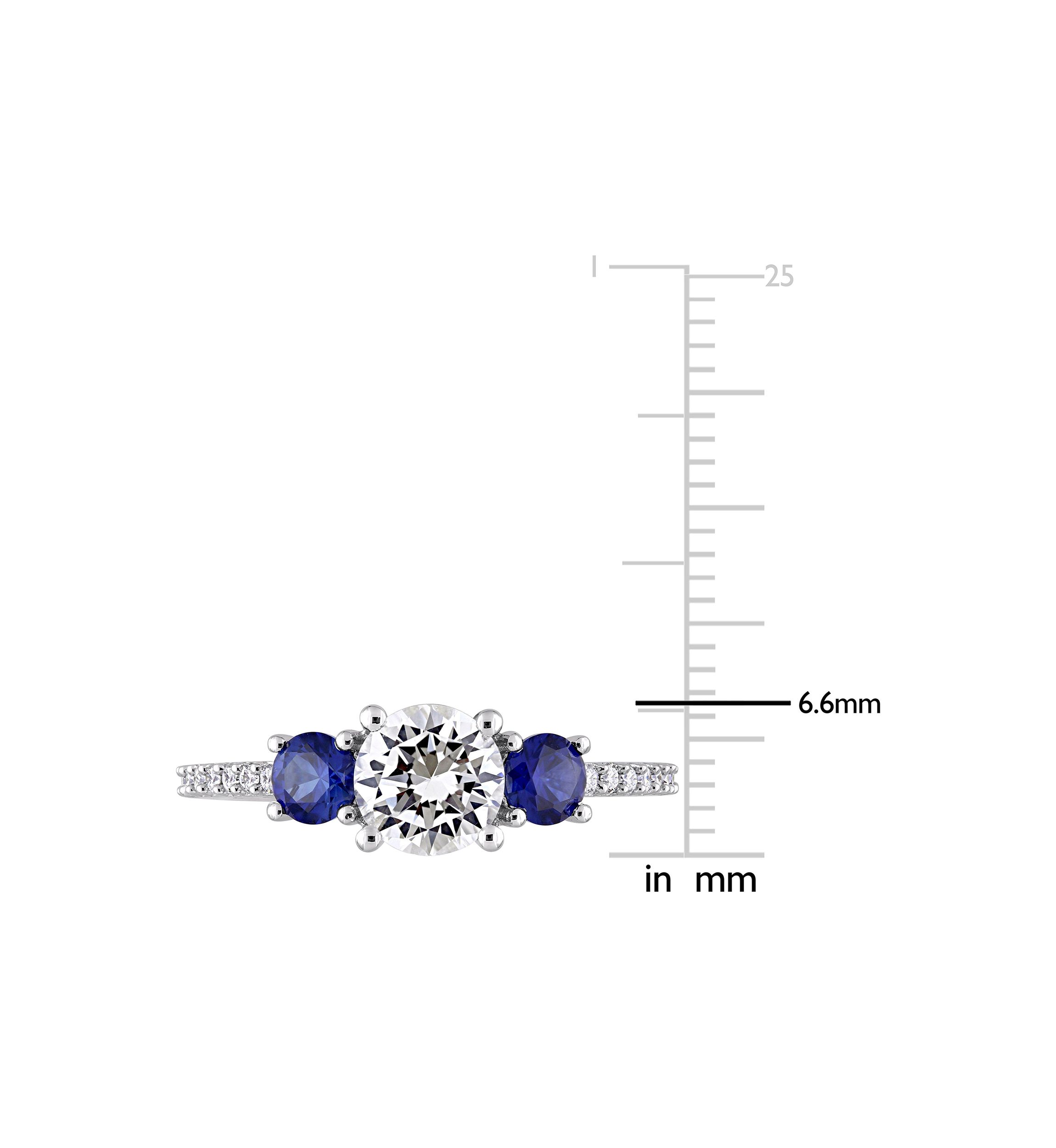 Lab Created Created White and Blue Sapphire 1/7 CT TW Diamond 3-Stone Engagement Ring in 10k White Gold
