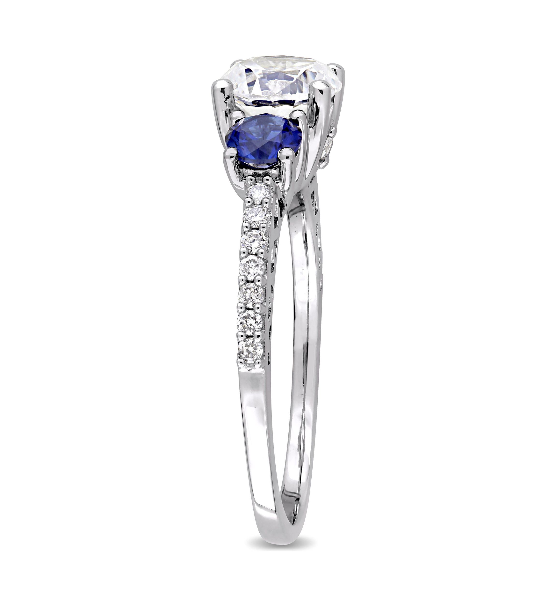 Lab Created Created White and Blue Sapphire 1/7 CT TW Diamond 3-Stone Engagement Ring in 10k White Gold