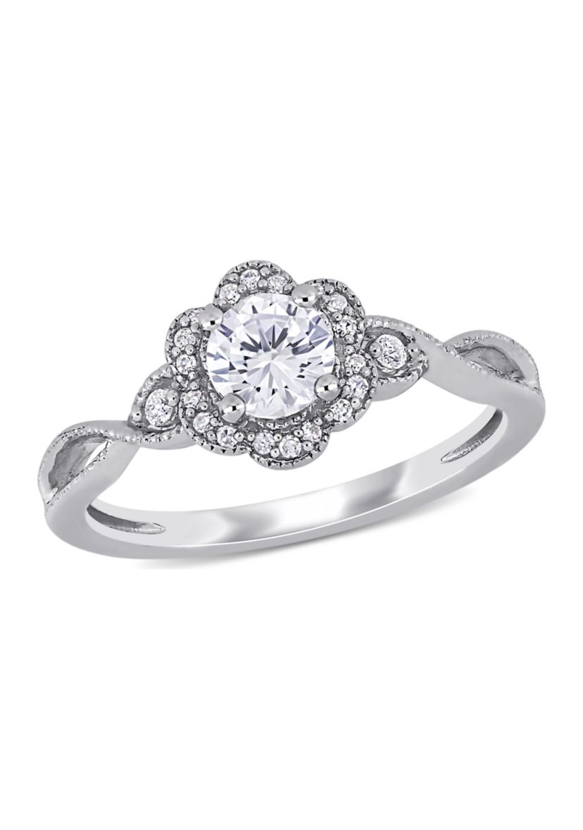 Lab Created 5/8 CT TGW Created White Sapphire and 1/10 CT TW Diamond Vintage Floral Ring in Sterling Silver
