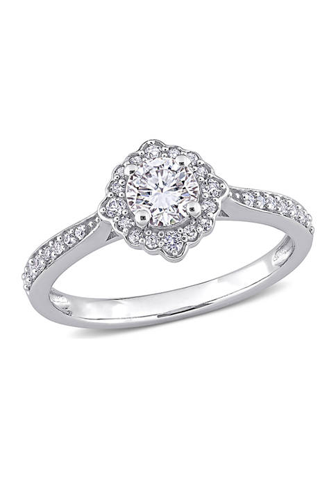 4/5 ct. t.w. Created White Sapphire and 1/10 ct. t.w. Diamond Floral Halo Engagement Ring in 10k White Gold
