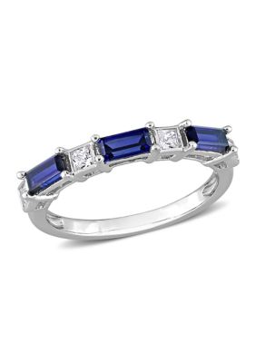 Belk & Co Lab Created 1 3/8 CT TGW Blue and White Sapphire Baguette Ring in Sterling Silver, 7