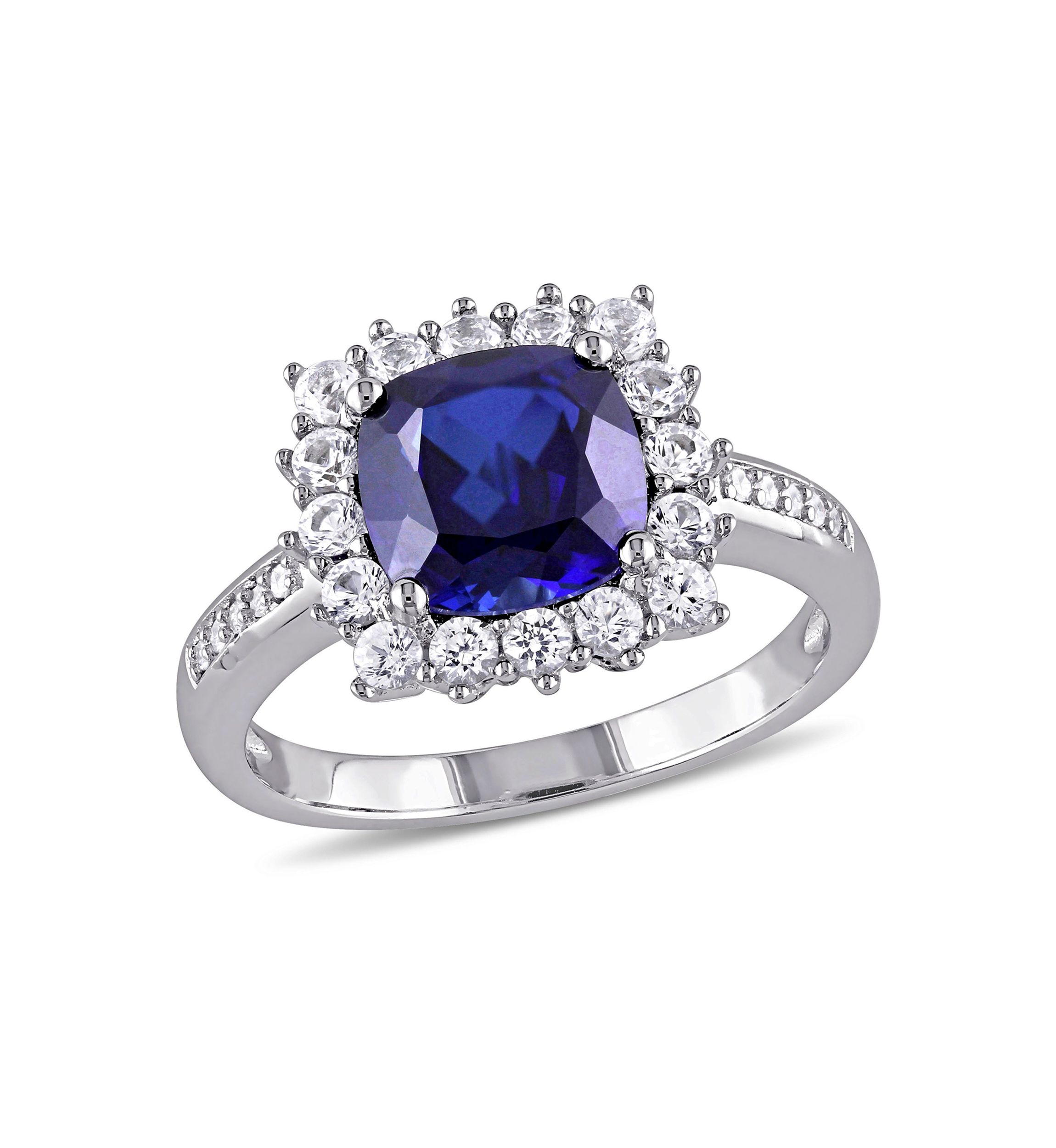 Lab Created 0.05 CT TW Diamond And 3 3/5 CT TGW Cushion Cut Created Blue Sapphire, Created White Sapphire Halo Ring in Sterling Silver